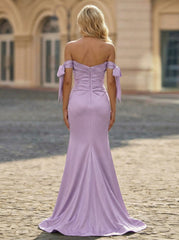 Trumpet/Mermaid Off the Shoulder Sweep Train Jersey Maxi Dresses With Pleated Bow