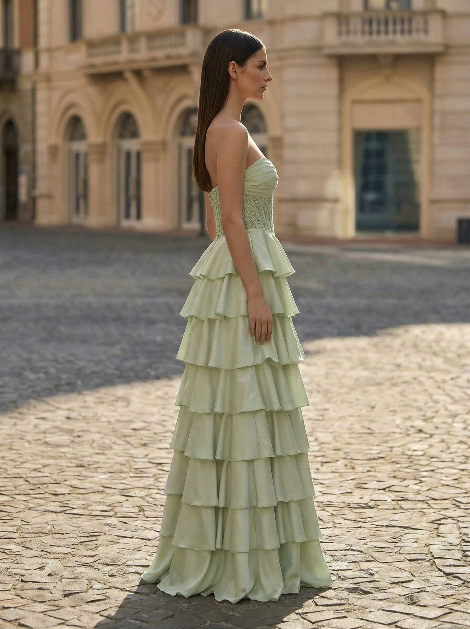 Ball-Gown/Princess Sleeveless Silky Satin Maxi Dress With Cascading Ruffles