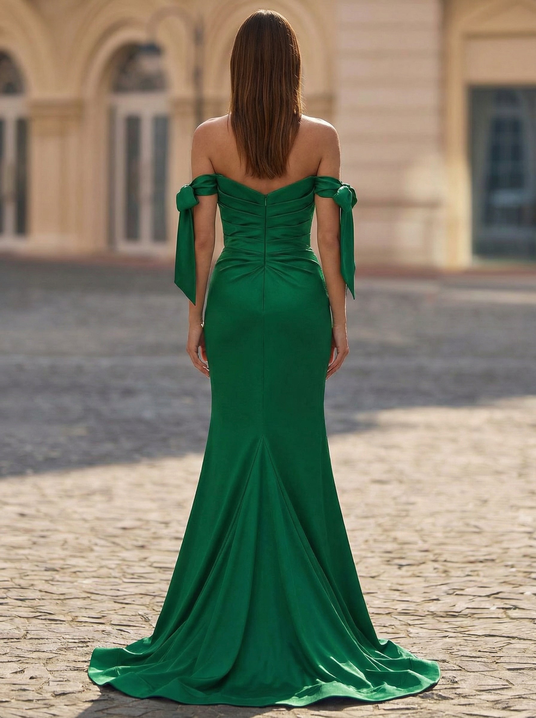 Trumpet/Mermaid Off the Shoulder Sweep Train Jersey Maxi Dresses With Pleated Bow