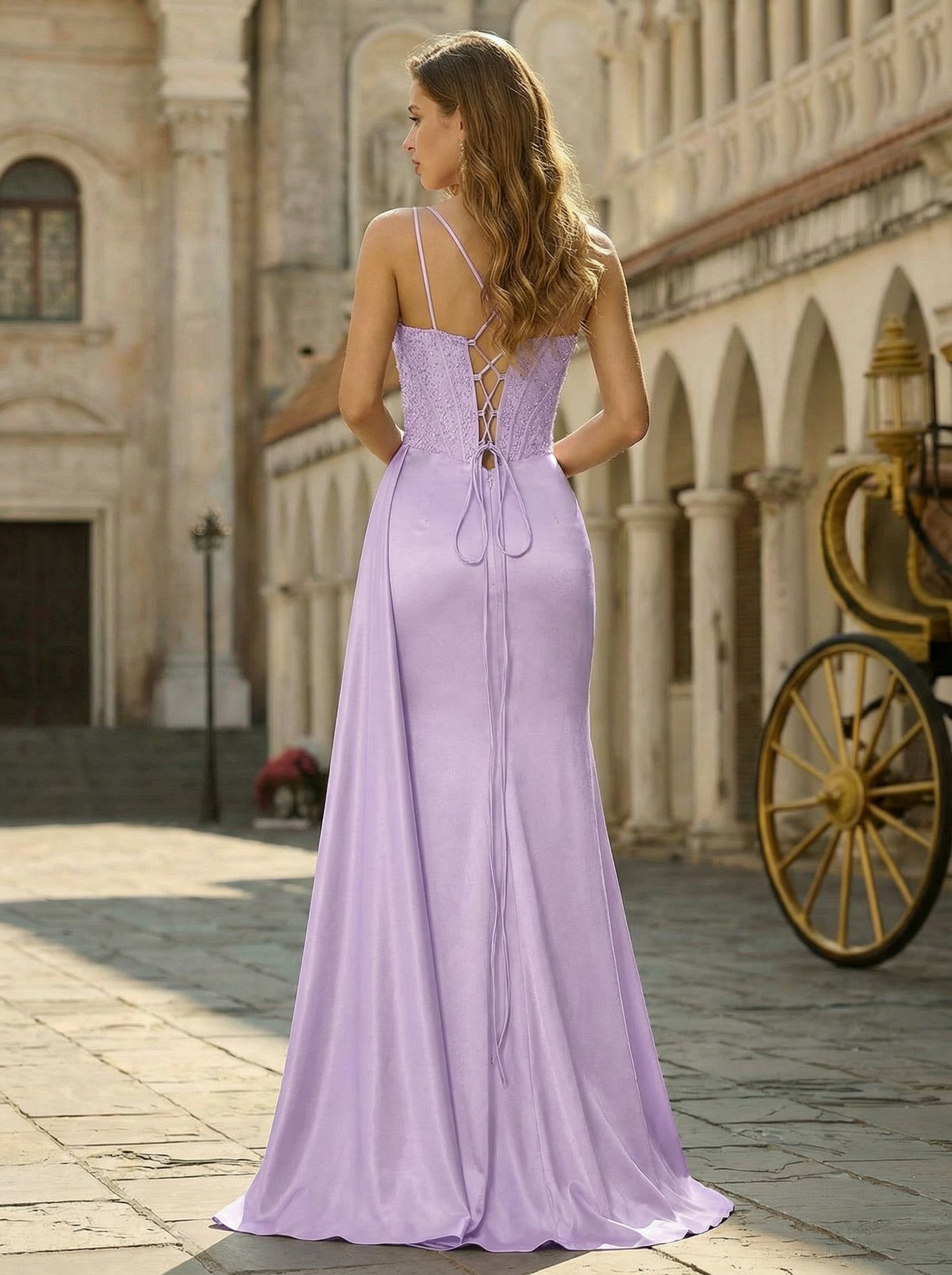 Trumpet/Mermaid Sweetheart Sweep Train Silky Satin Prom Dresses With Beading Sequins Pleated