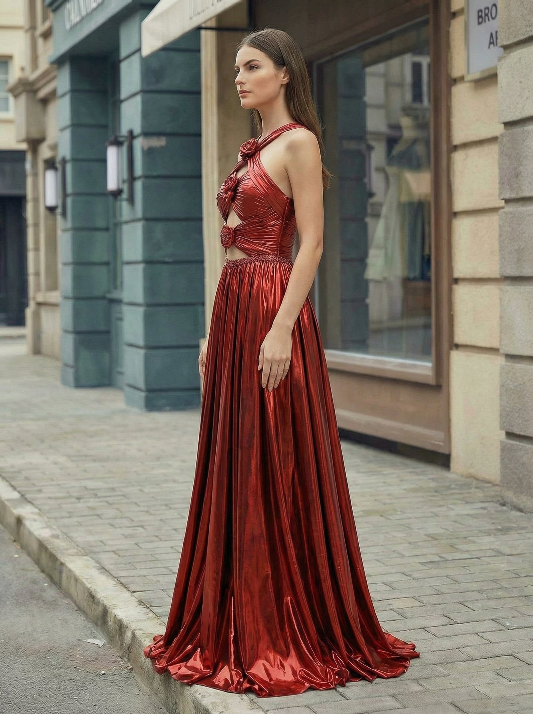 A-line Sleeveless Sweep Train Metallic Maxi Dress With Rhinestone