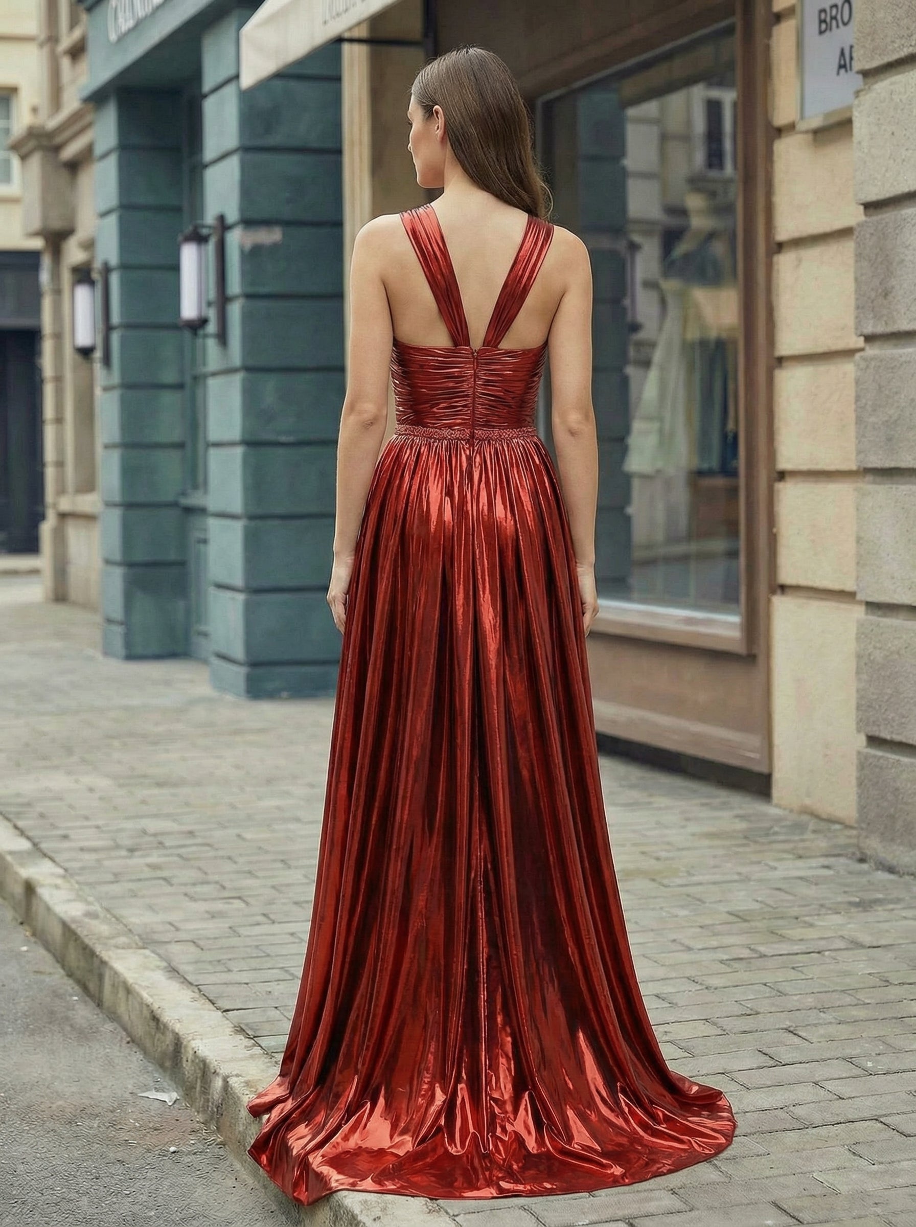 A-line Sleeveless Sweep Train Metallic Maxi Dress With Rhinestone