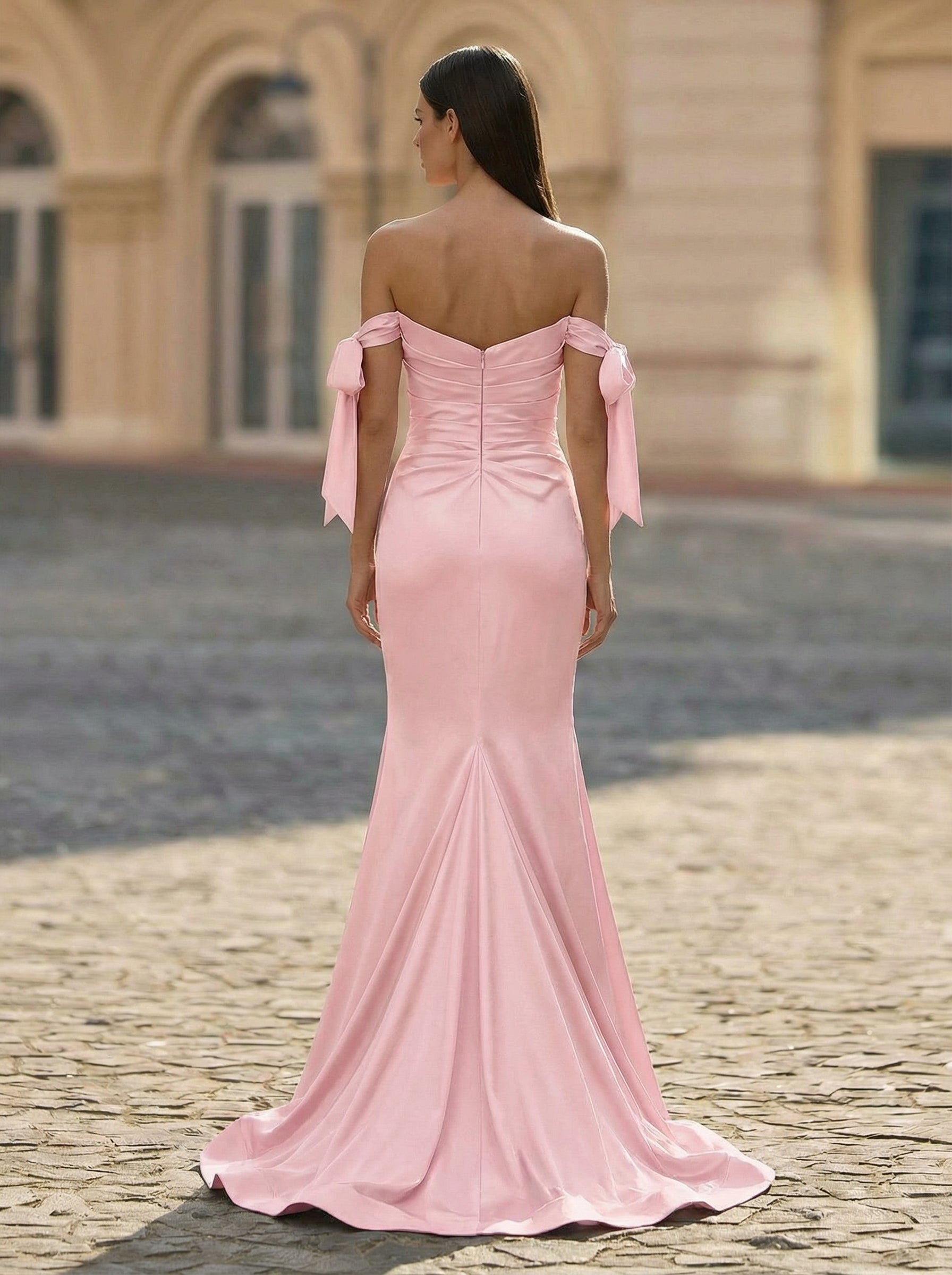 Trumpet/Mermaid Off the Shoulder Sweep Train Jersey Maxi Dresses With Pleated Bow