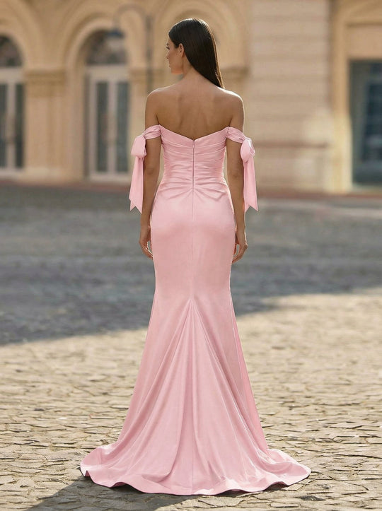 Trumpet/Mermaid Off the Shoulder Sweep Train Jersey Maxi Dresses With Pleated Bow