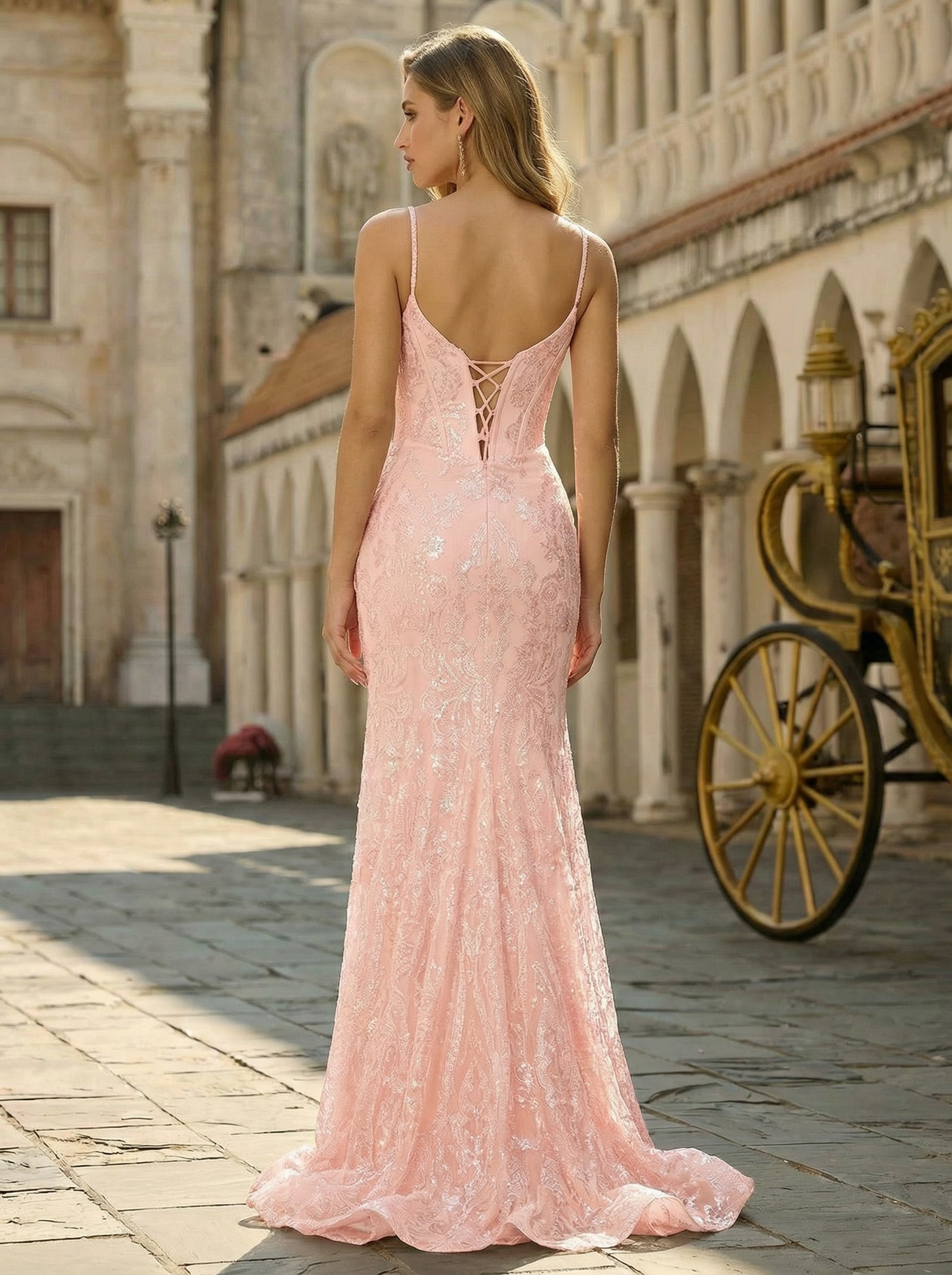 Spaghetti Straps V-Neck Corset Sequins Lace Trumpet/Mermaid Maxi Dress