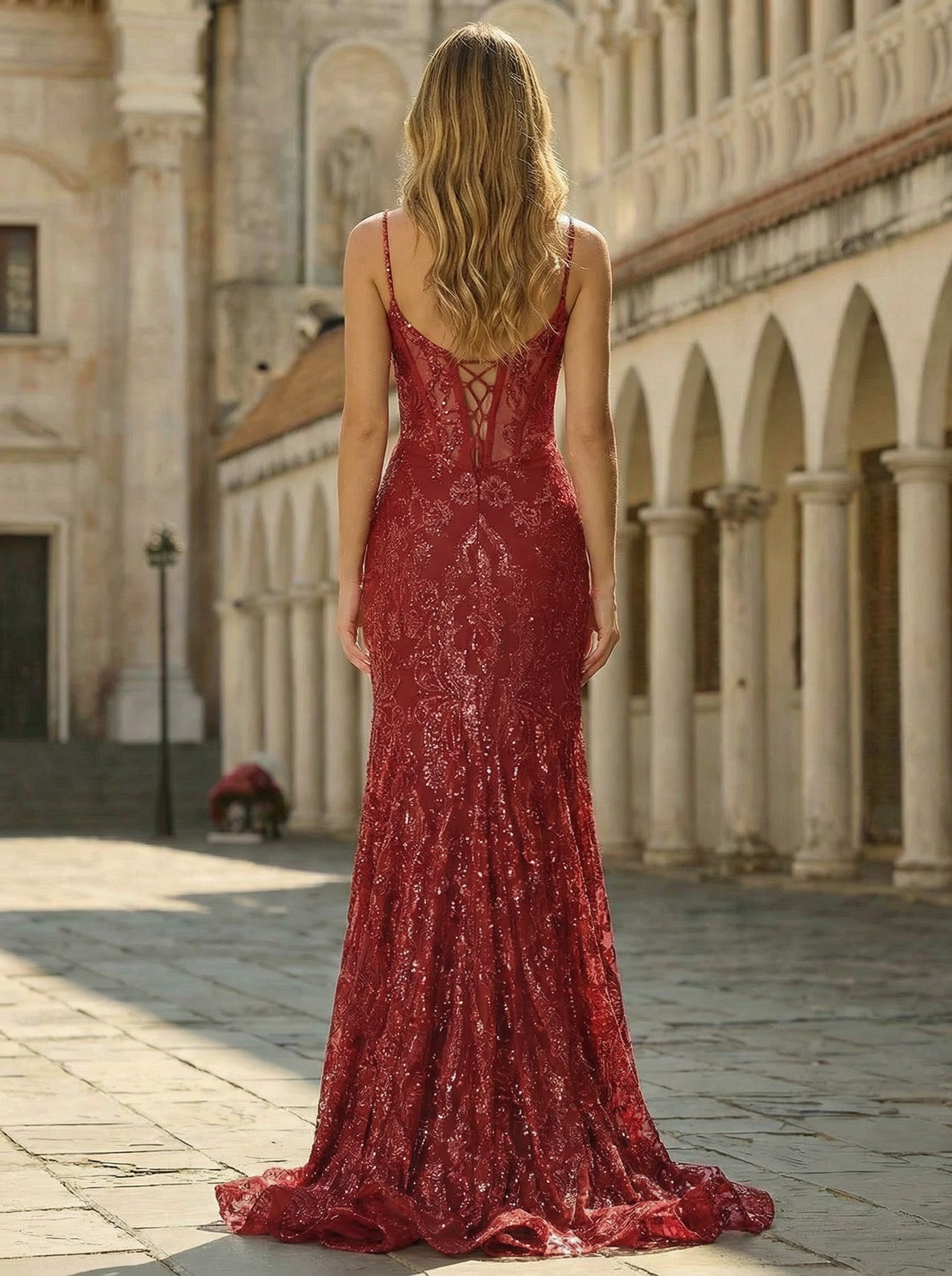 Spaghetti Straps V-Neck Corset Sequins Lace Trumpet/Mermaid Maxi Dress