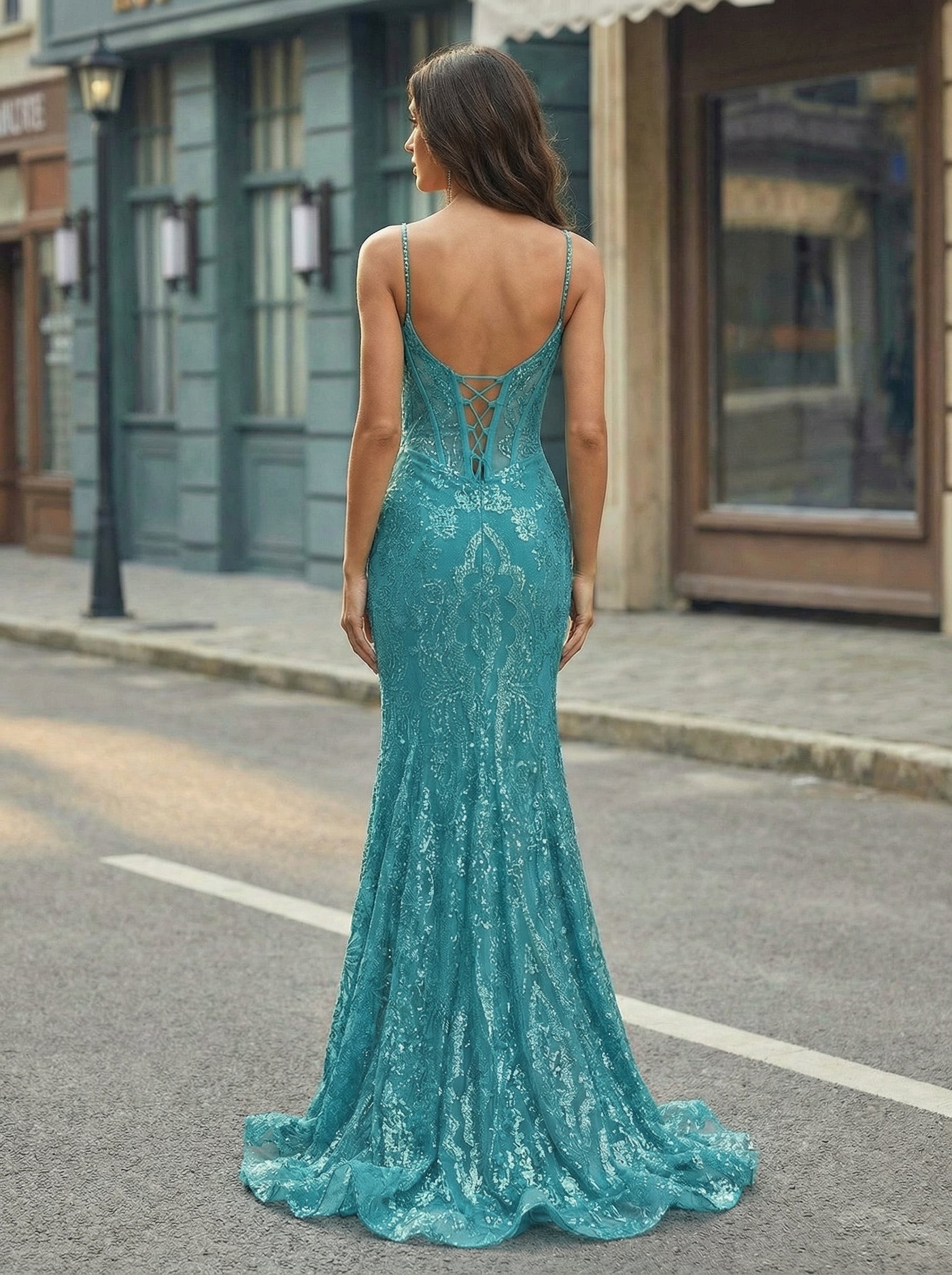 Spaghetti Straps V-Neck Corset Sequins Lace Trumpet/Mermaid Maxi Dress