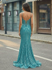 Spaghetti Straps V-Neck Corset Sequins Lace Trumpet/Mermaid Maxi Dress