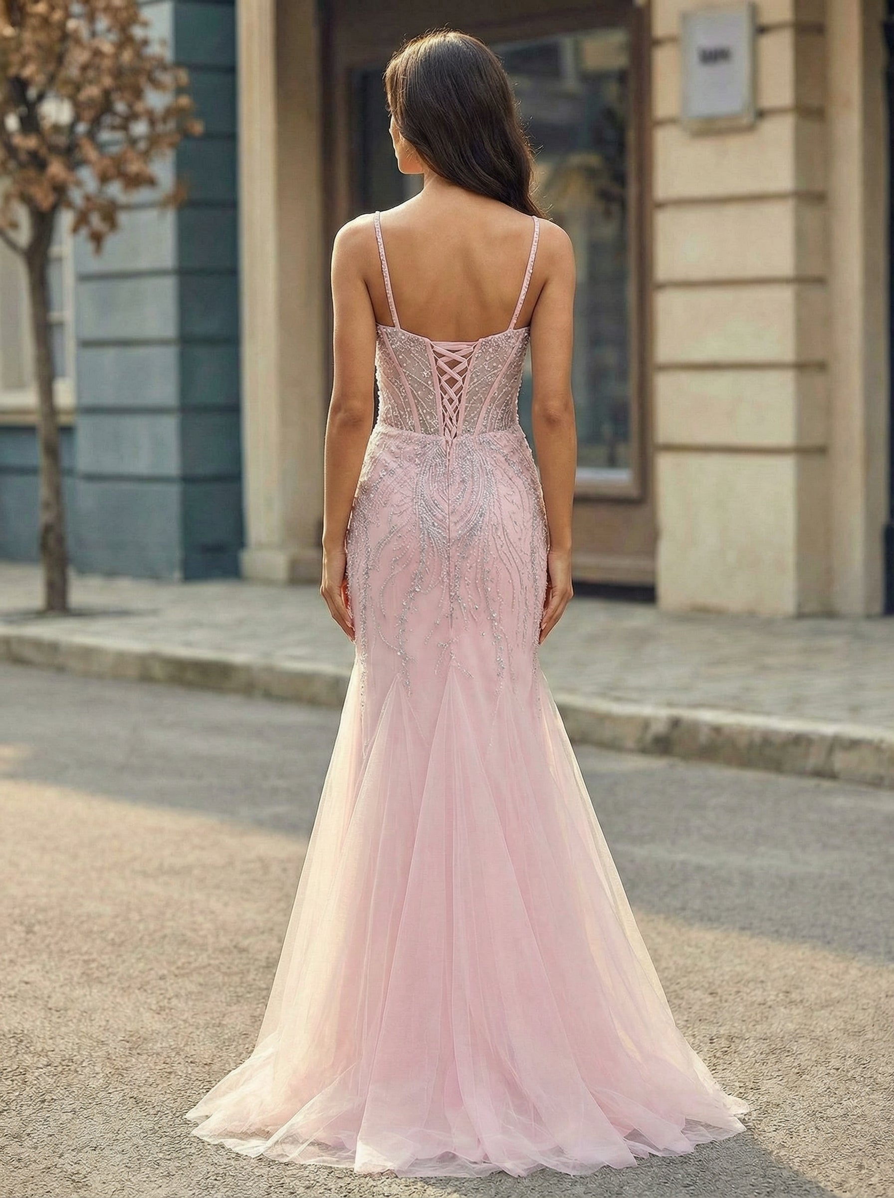 Spaghetti Straps Sweetheart Rhinestone Sequins Tulle Trumpet/Mermaid Maxi Dress