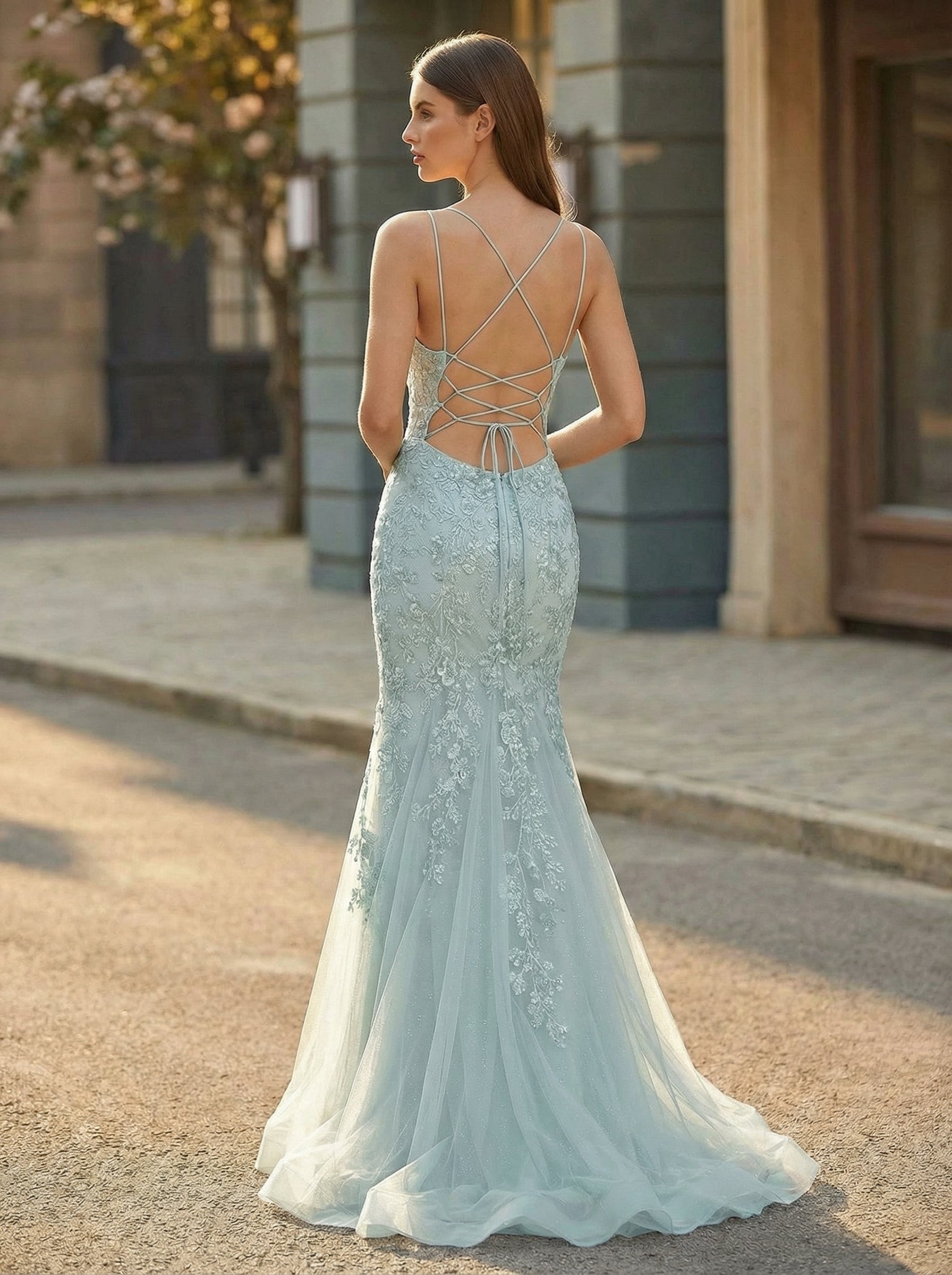 Sleeveless V-Neck Sequins Tulle Trumpet/Mermaid Maxi Dress