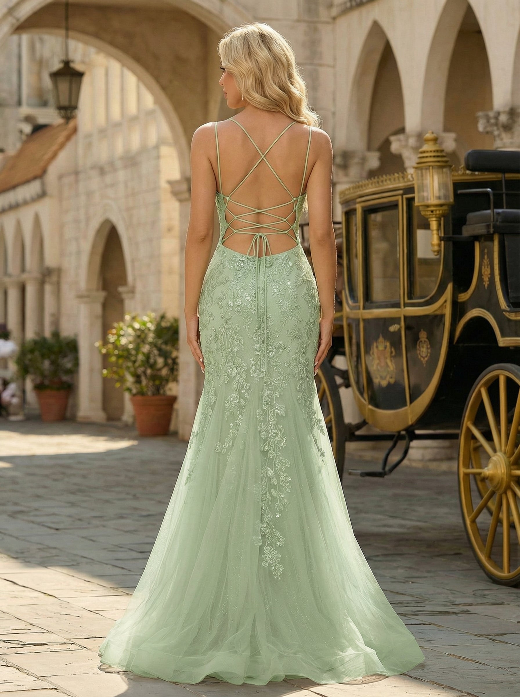 Sleeveless V-Neck Sequins Tulle Trumpet/Mermaid Maxi Dress