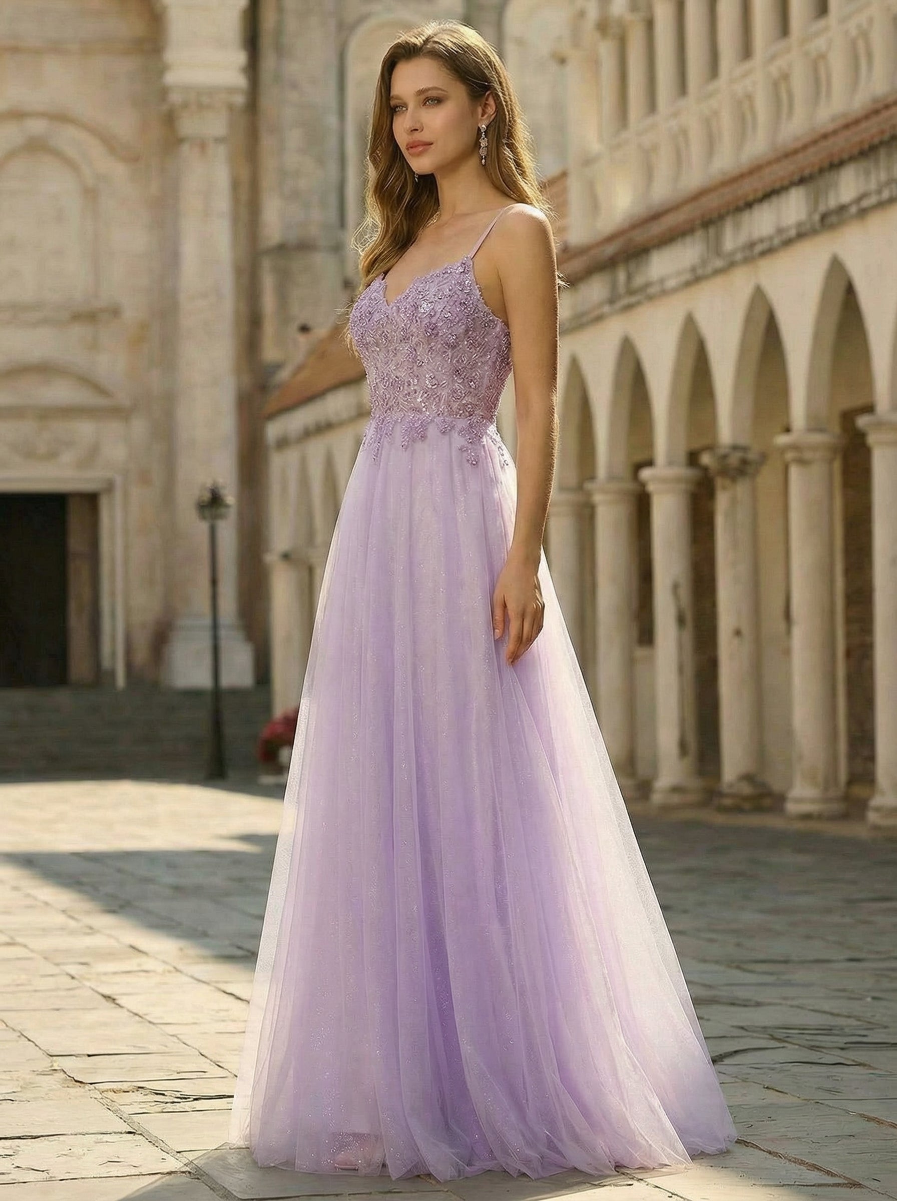 A-line V-Neck Floor-Length Tulle Maxi Dresses With Sequins