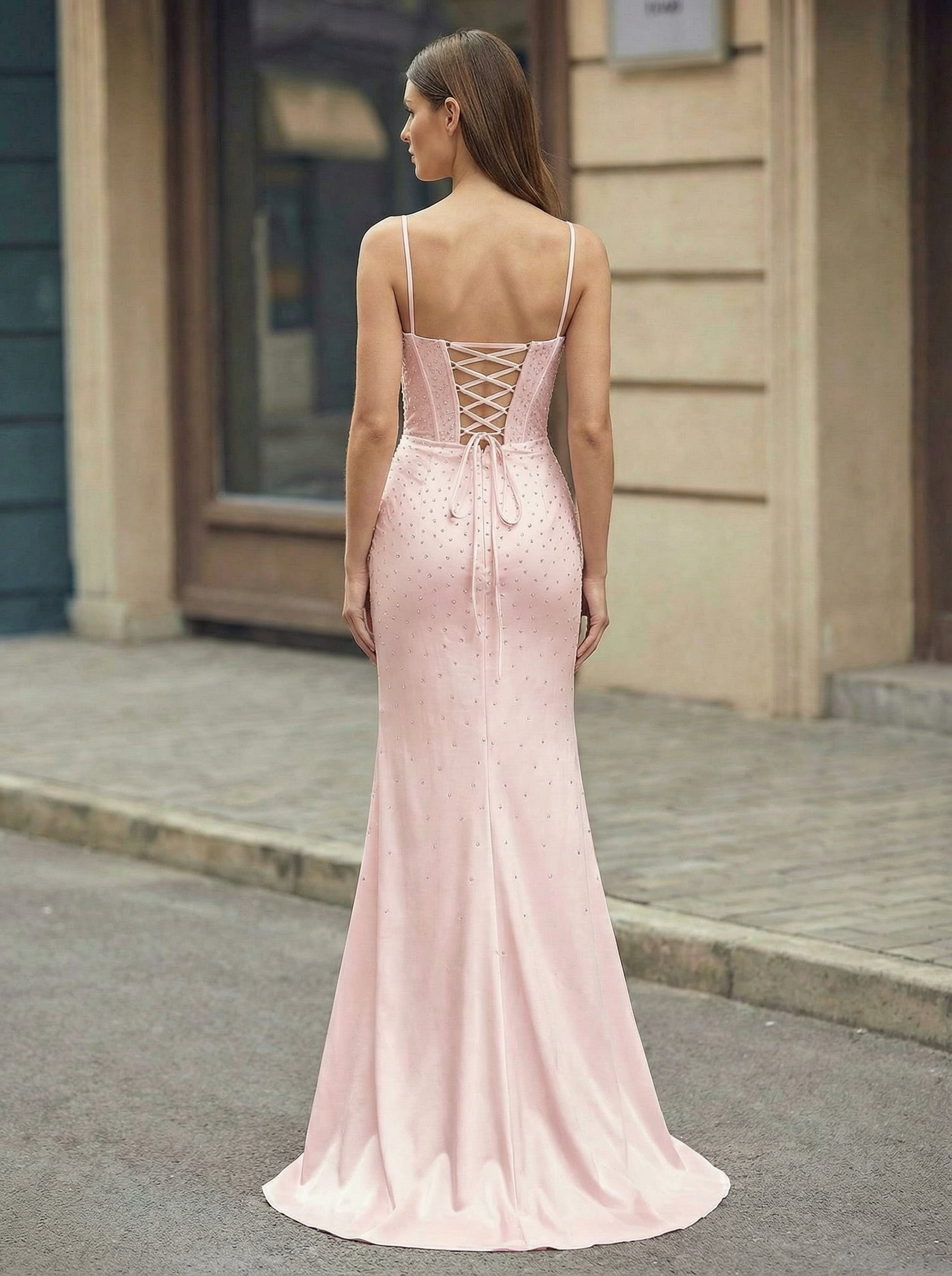 Trumpet/Mermaid V-Neck Sweep Train Silky Satin Prom Dresses With Pleated Rhinestone