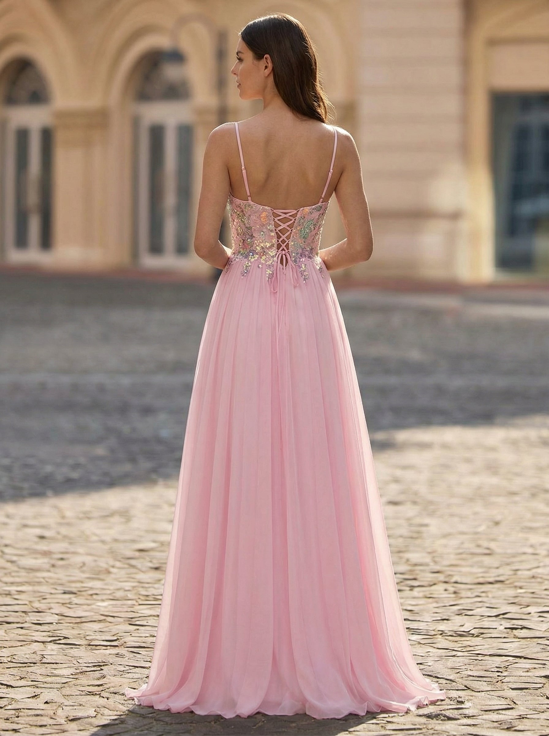 A-line V-Neck Sweep Train Chiffon Maxi Dresses With Sequins