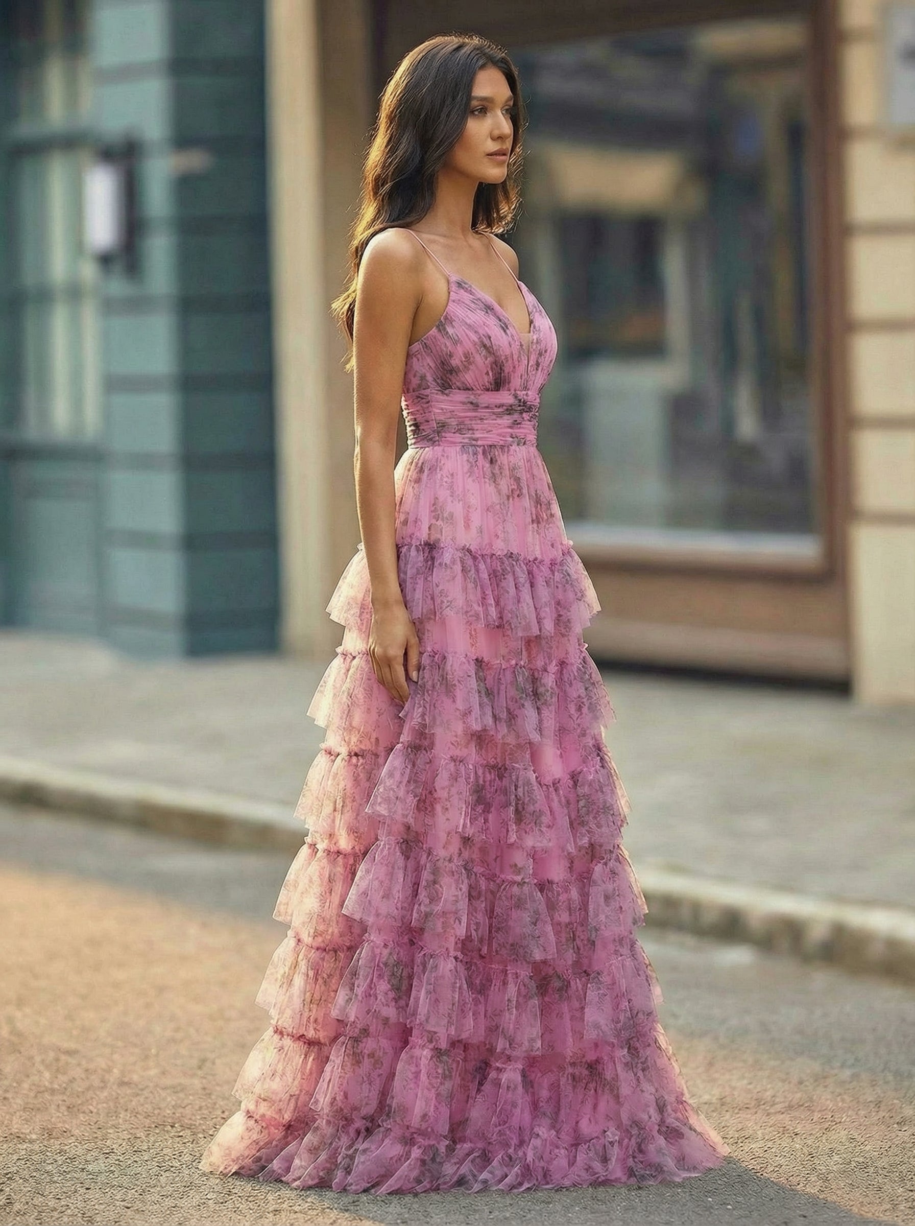 Ball-Gown/Princess V-Neck Sweep Train Tulle Maxi Dresses With Cascading Ruffles Pleated