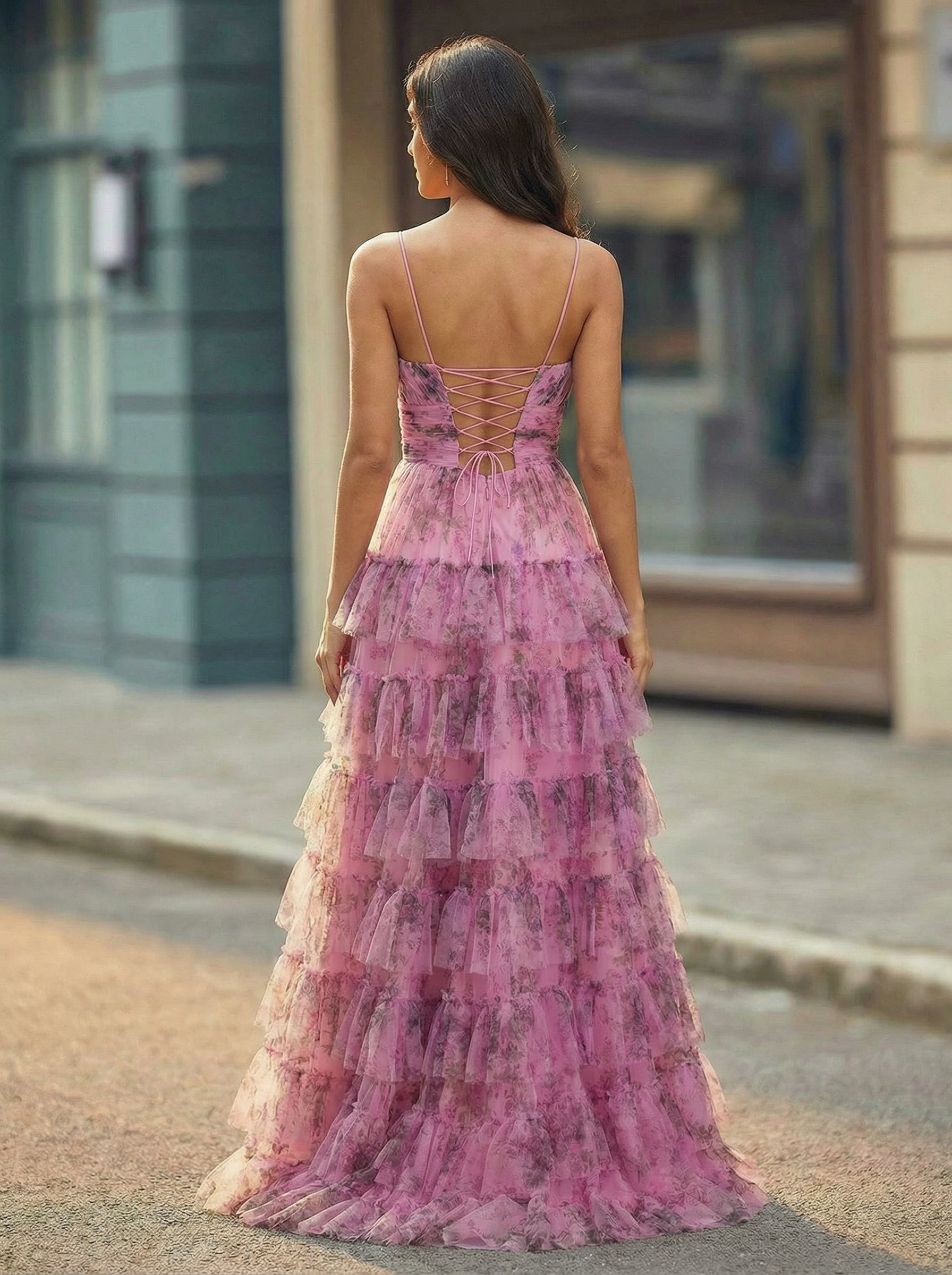 Ball-Gown/Princess V-Neck Sweep Train Tulle Maxi Dresses With Cascading Ruffles Pleated