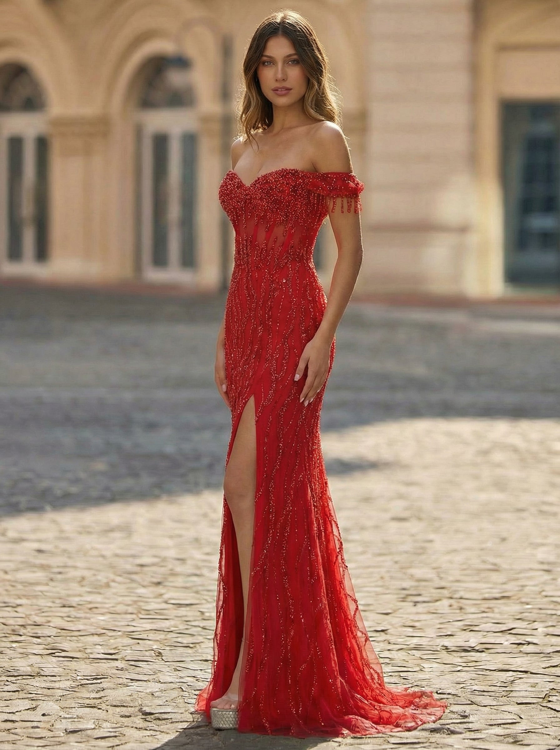 Trumpet/Mermaid Off the Shoulder Sweep Train Sequin Maxi Dresses With Sequins