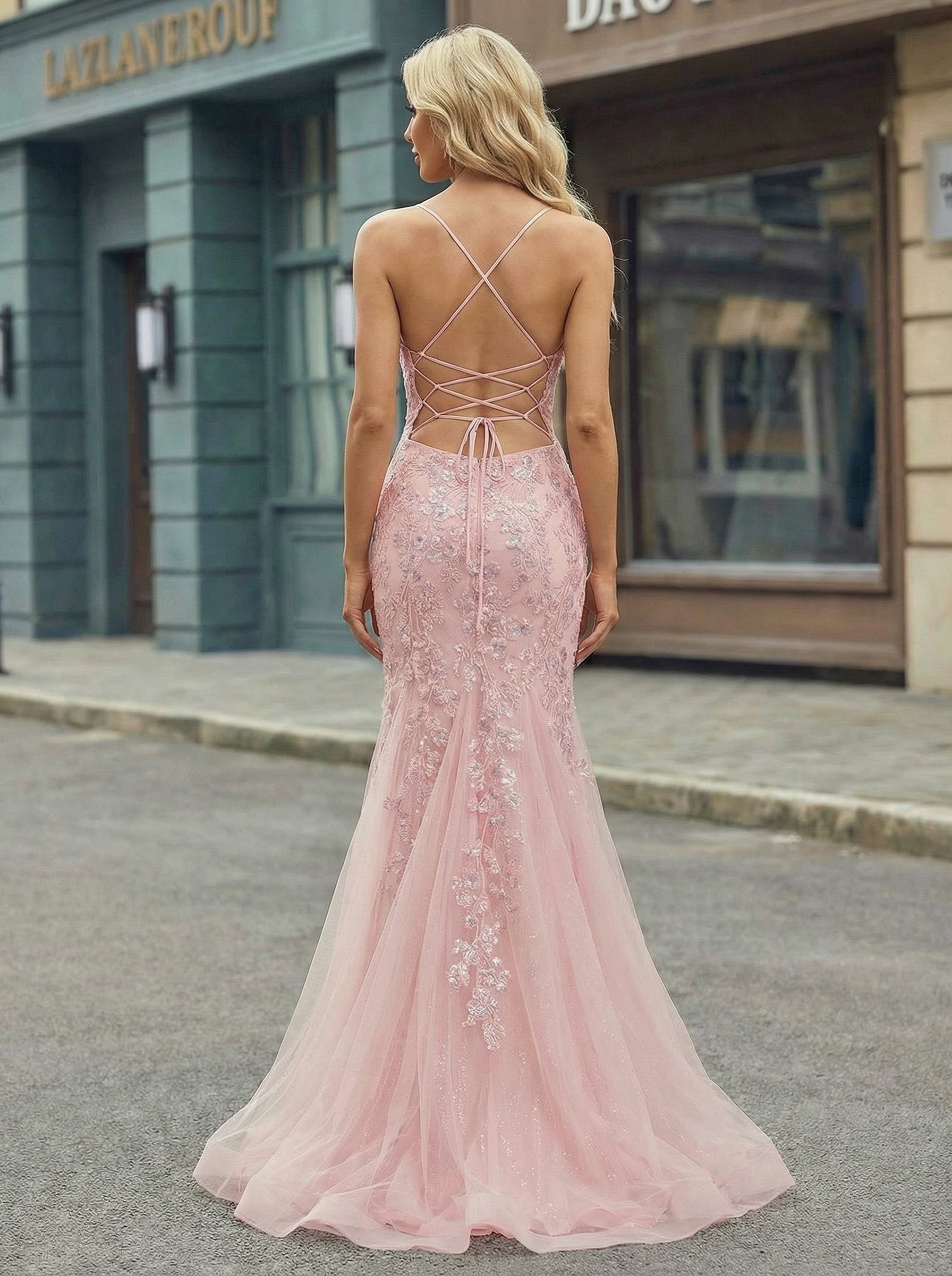 Sleeveless V-Neck Sequins Tulle Trumpet/Mermaid Maxi Dress