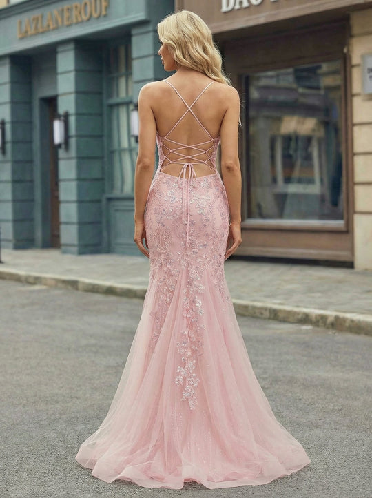 Sleeveless V-Neck Sequins Tulle Trumpet/Mermaid Maxi Dress