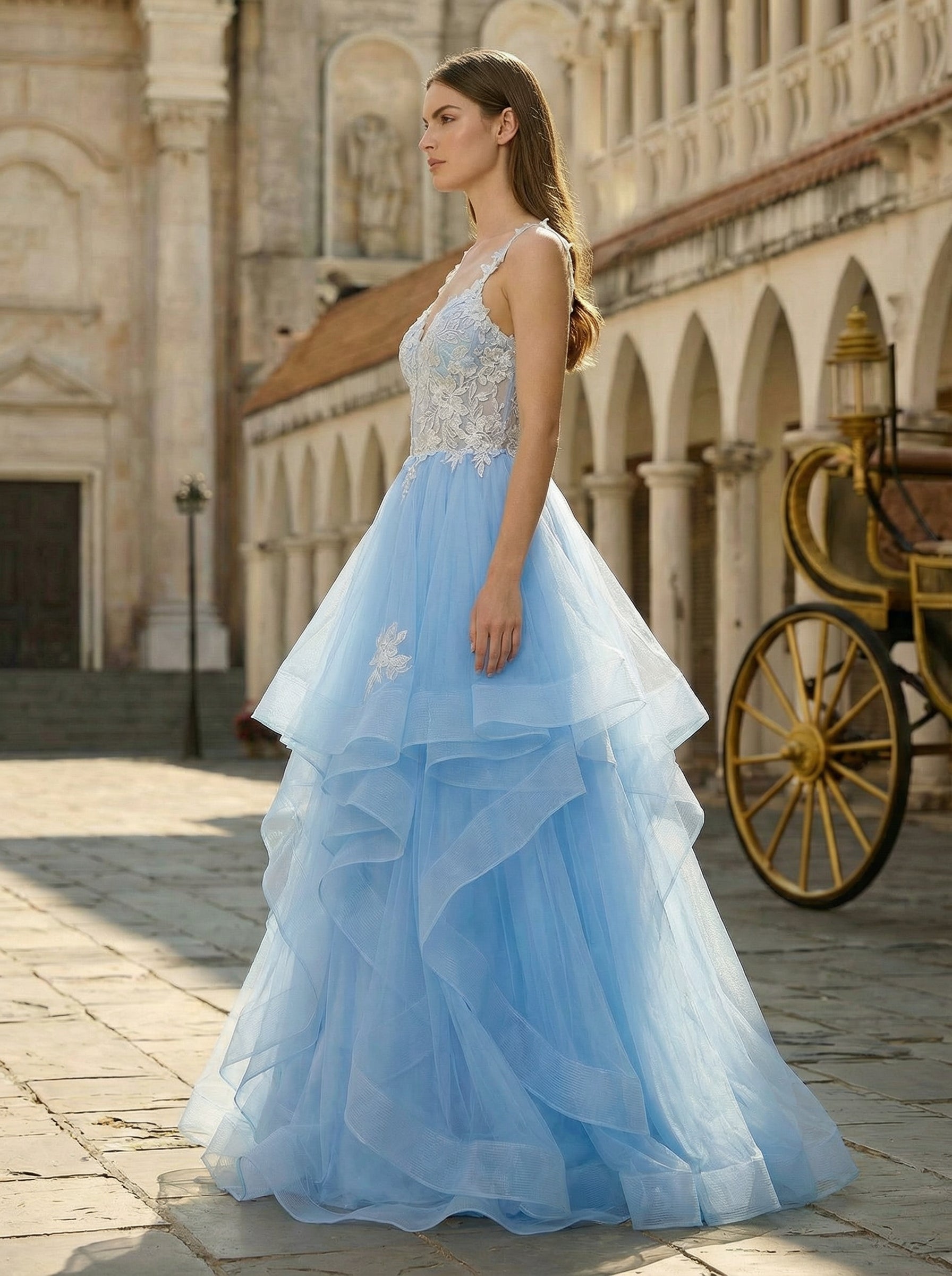 Ball-Gown/Princess Sweetheart Sweep Train Tulle Maxi Dresses With Appliques Lace