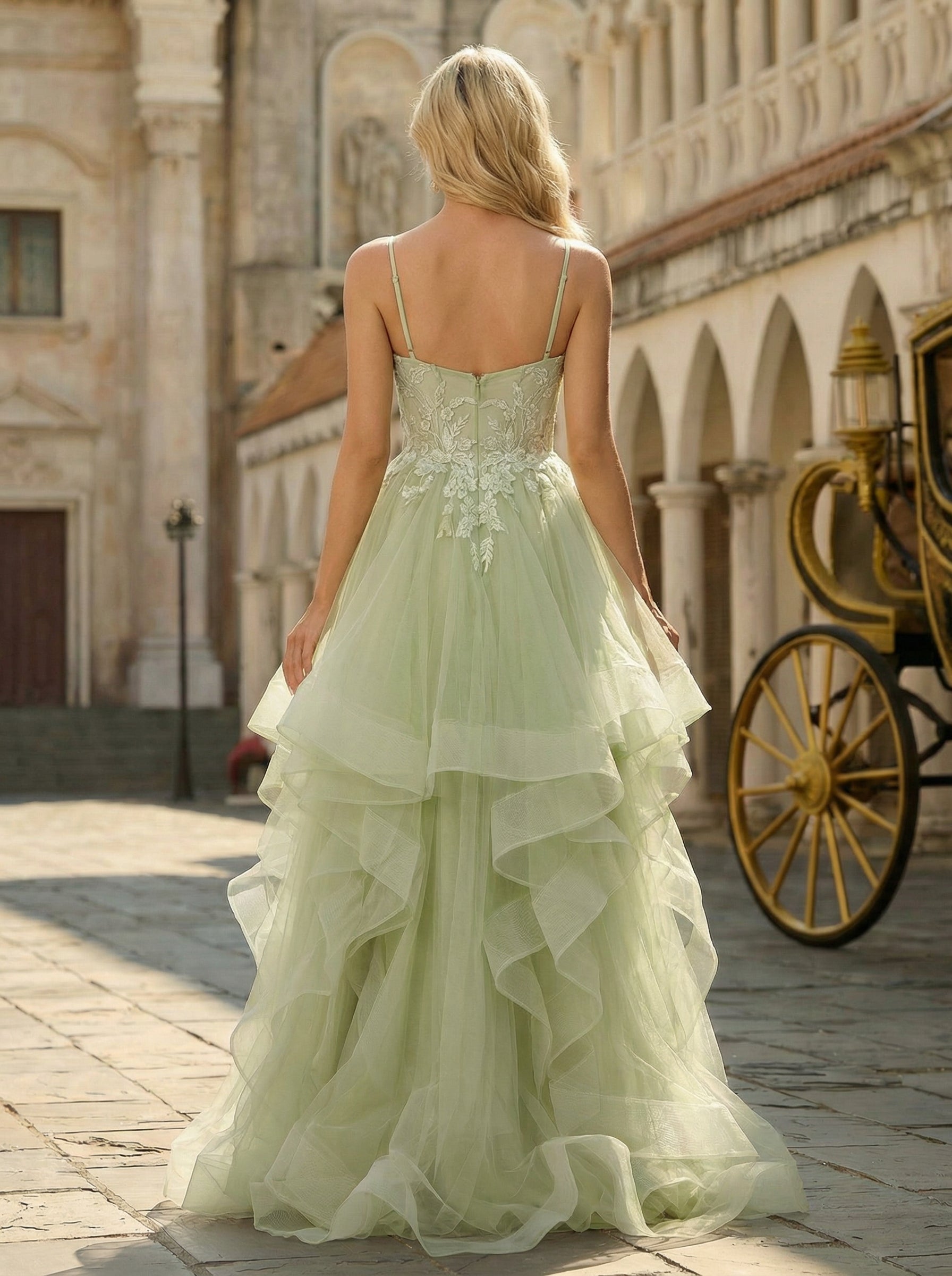 Ball-Gown/Princess V-Neck Sweep Train Tulle Maxi Dresses With Appliques Lace