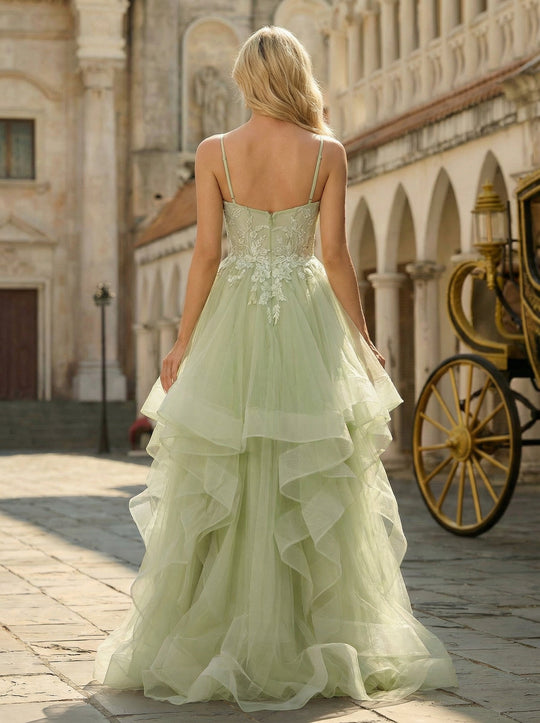 Ball-Gown/Princess V-Neck Sweep Train Tulle Maxi Dresses With Appliques Lace