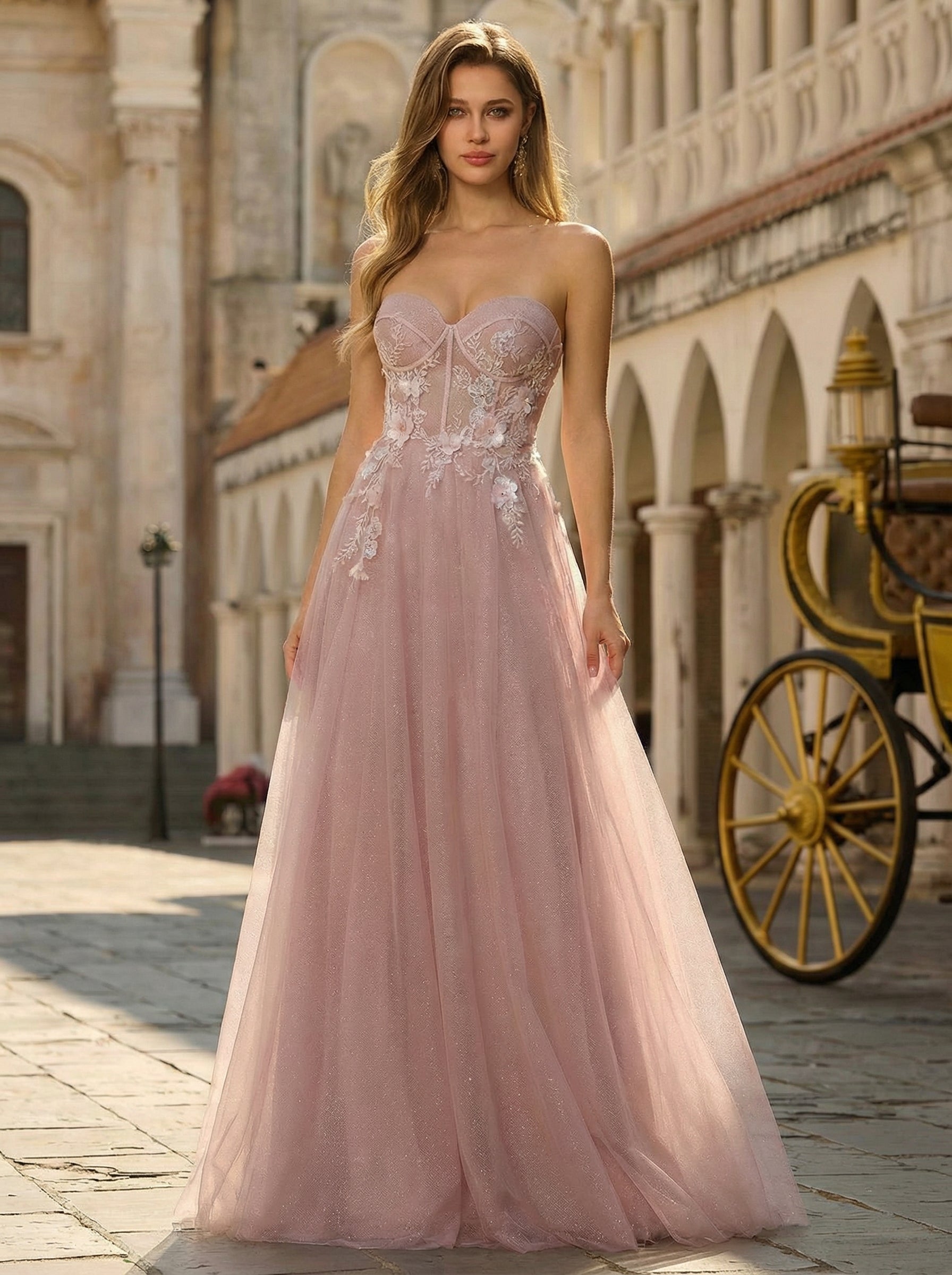 Ball-Gown/Princess Sweetheart Sweep Train Tulle Maxi Dresses With Sequins 3D Floral