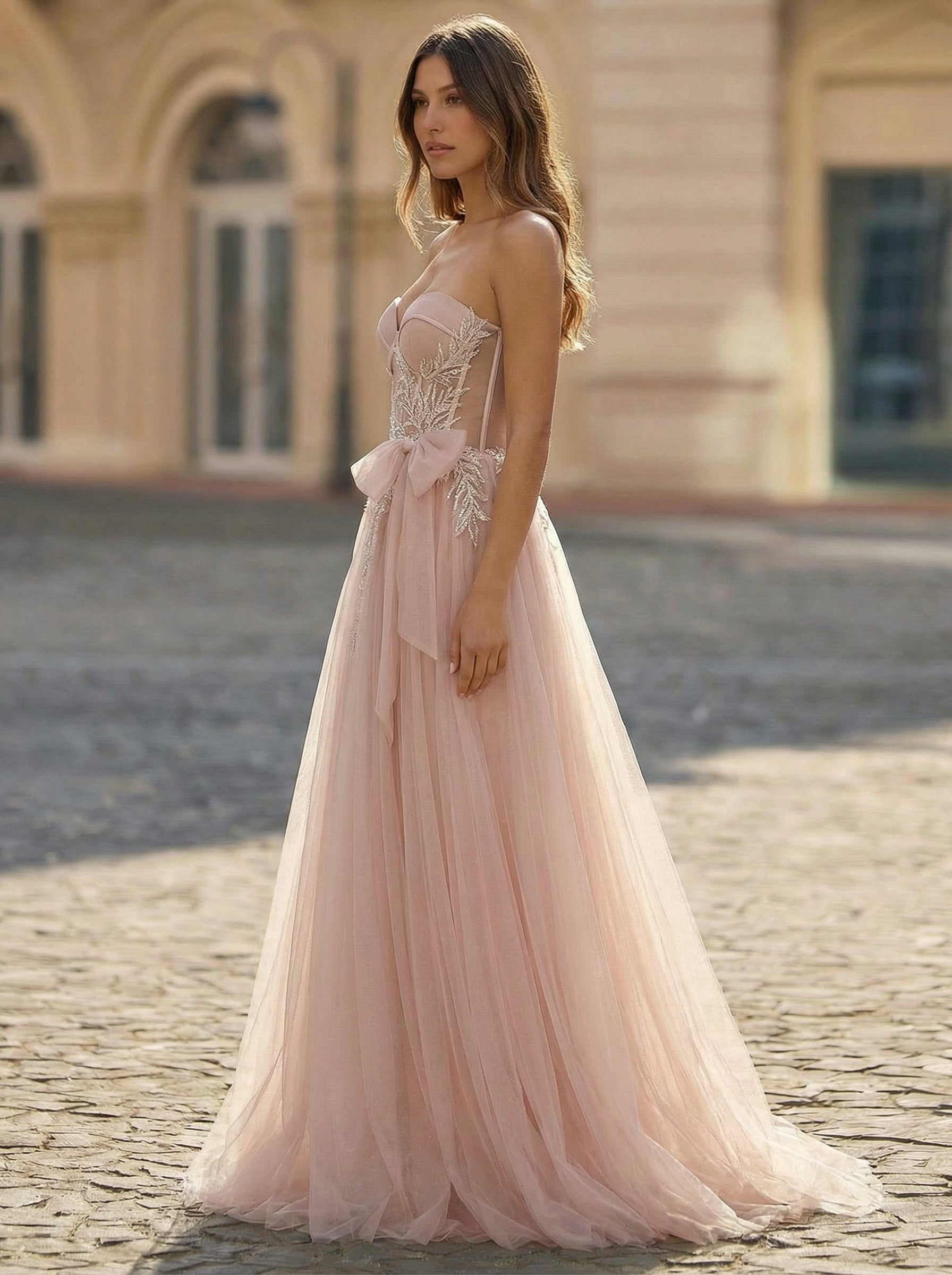 Ball-Gown/Princess Sweetheart Sweep Train Tulle Maxi Dresses With Bow Sequins Rhinestone