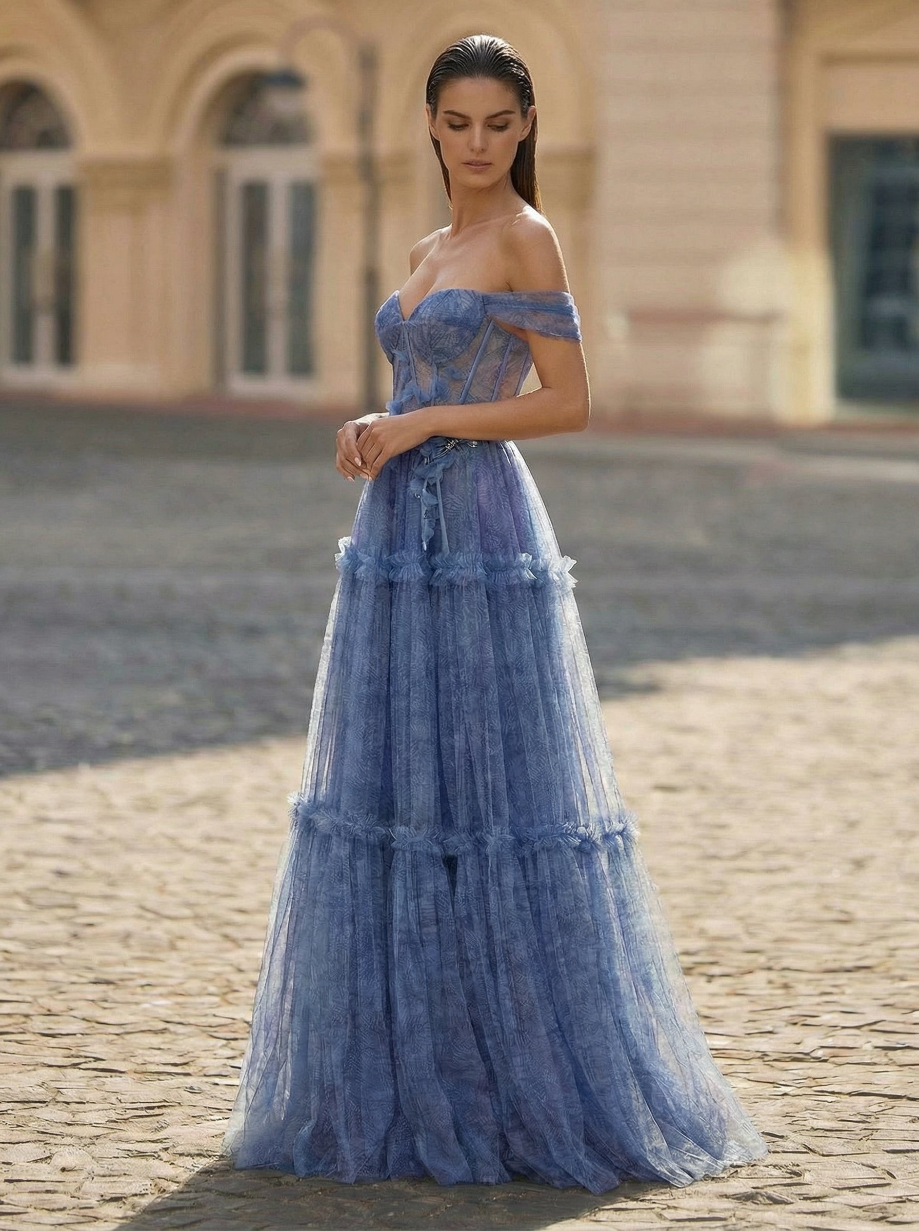 Ball-Gown/Princess V-Neck Sweep Train Tulle Maxi Dresses With Sequins 3D Floral