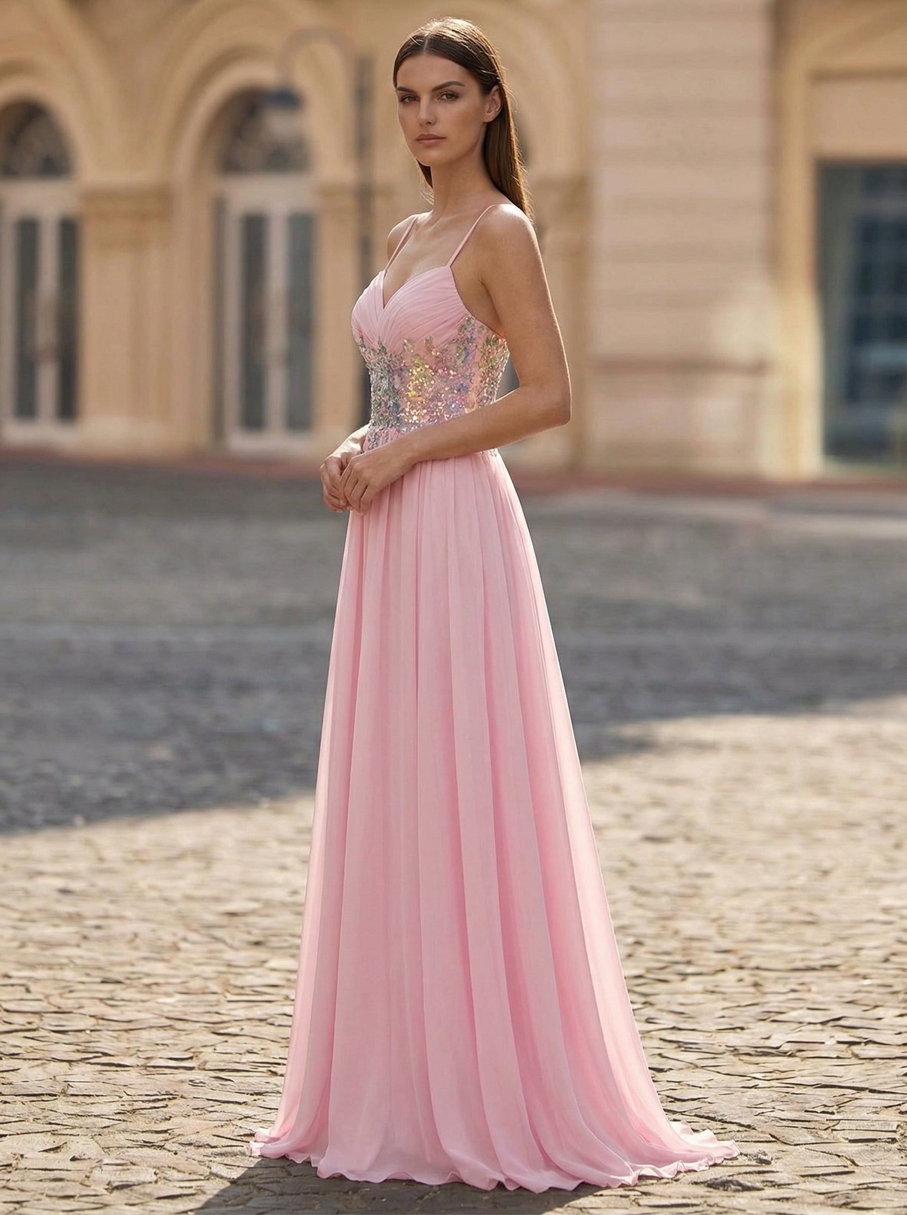 A-line V-Neck Sweep Train Chiffon Maxi Dresses With Sequins