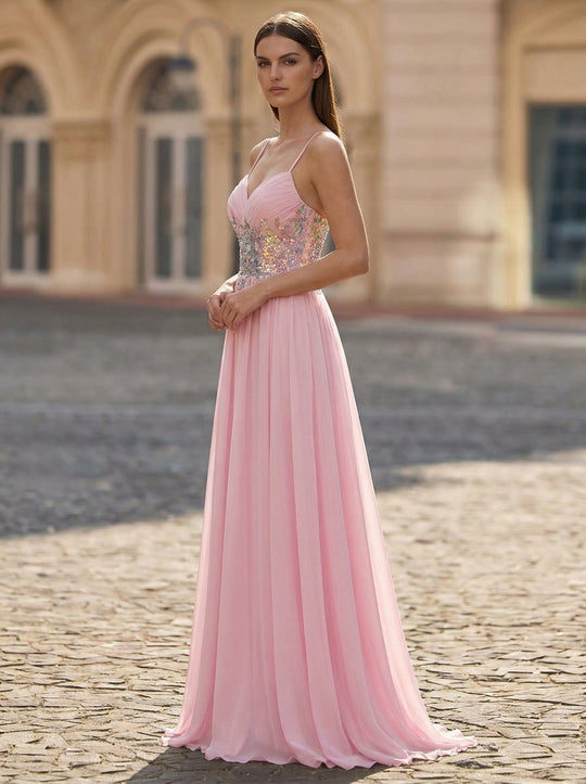 A-line V-Neck Sweep Train Chiffon Maxi Dresses With Sequins