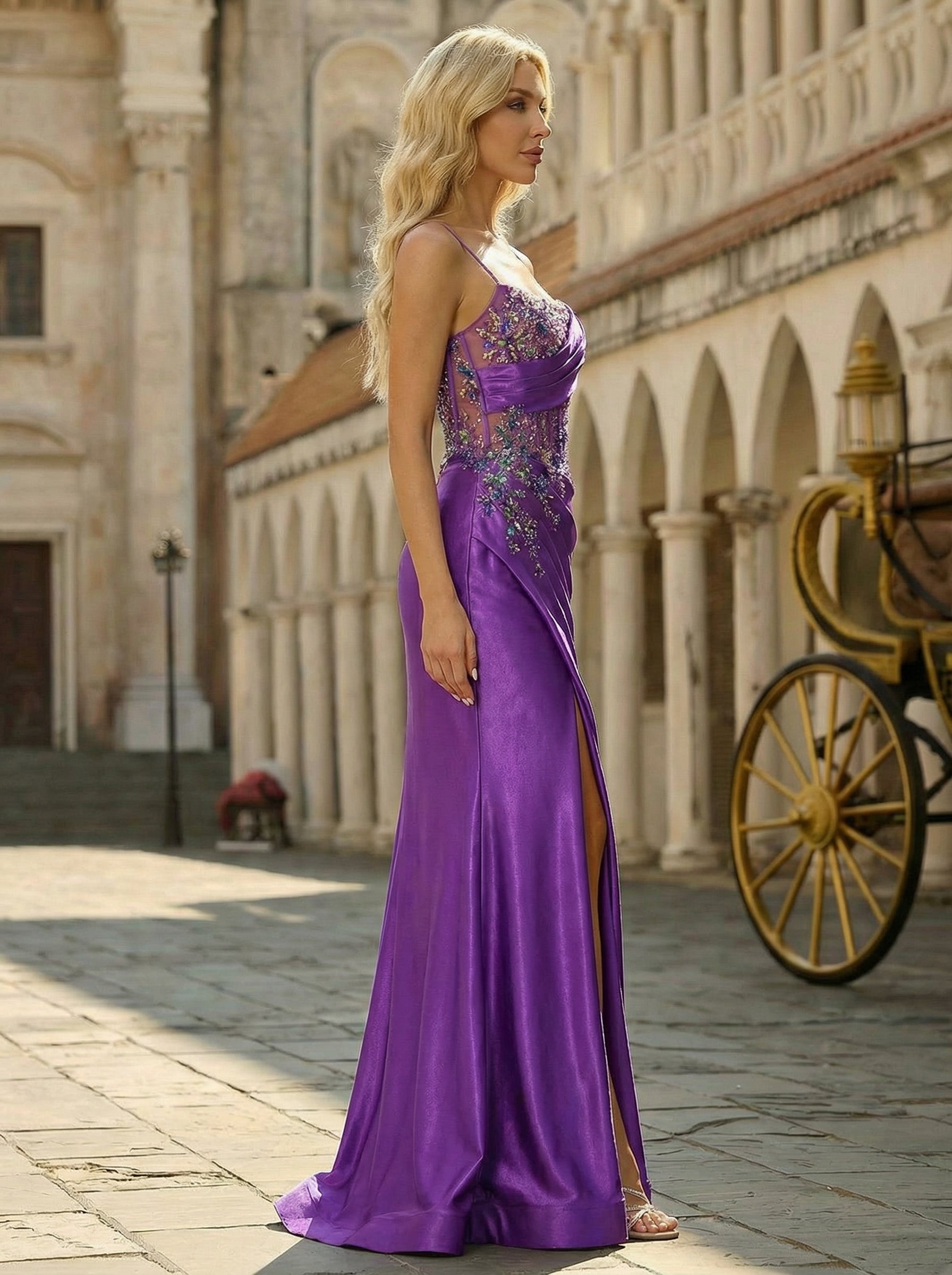 Spaghetti Straps Scoop Corset Sequins Jersey Trumpet/Mermaid Maxi Dress With Leg Slit