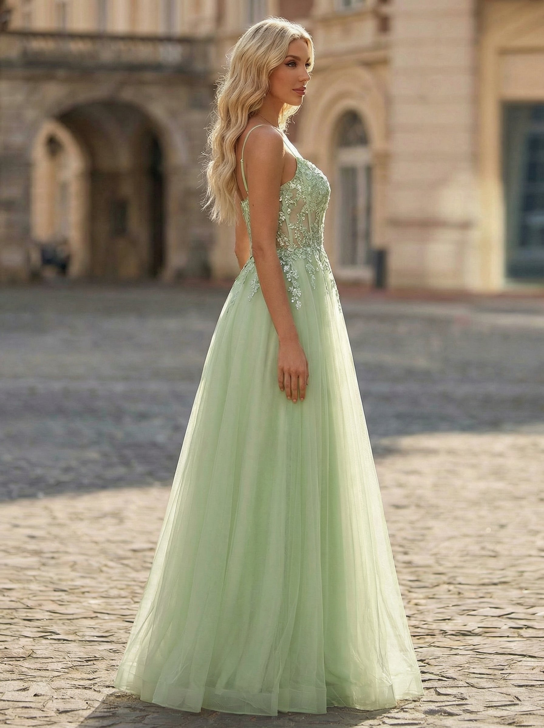 Spaghetti Straps V-Neck Embroidered Sequins Tulle A-line Maxi Dress
