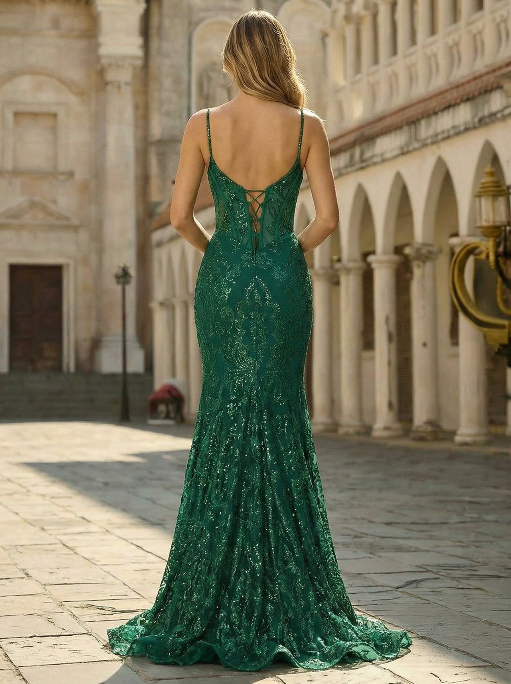 Spaghetti Straps V-Neck Corset Sequins Lace Trumpet/Mermaid Maxi Dress