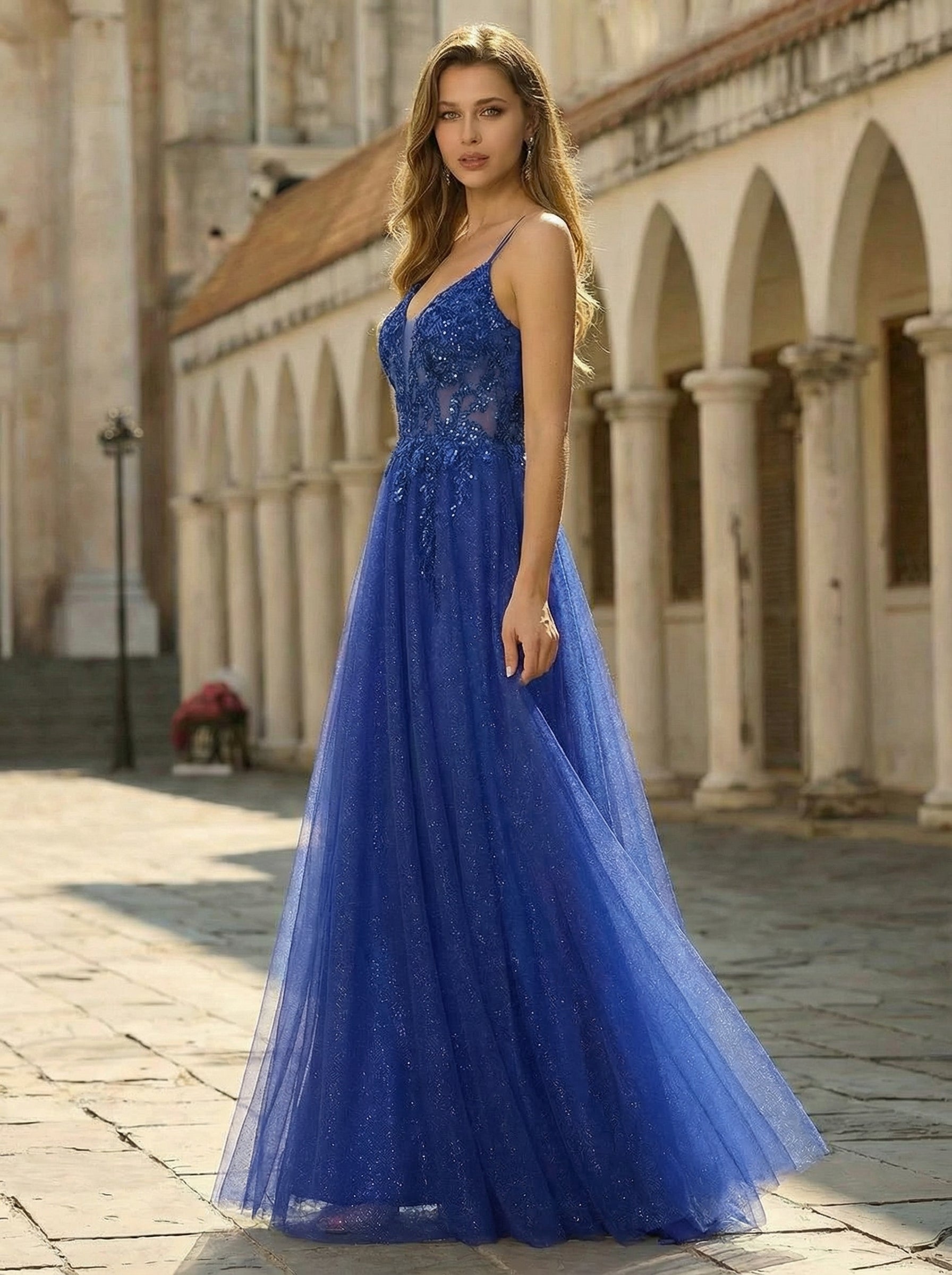 Ball-Gown/Princess V-Neck Floor-Length Tulle Prom Dresses With Beading Sequins Appliques Lace
