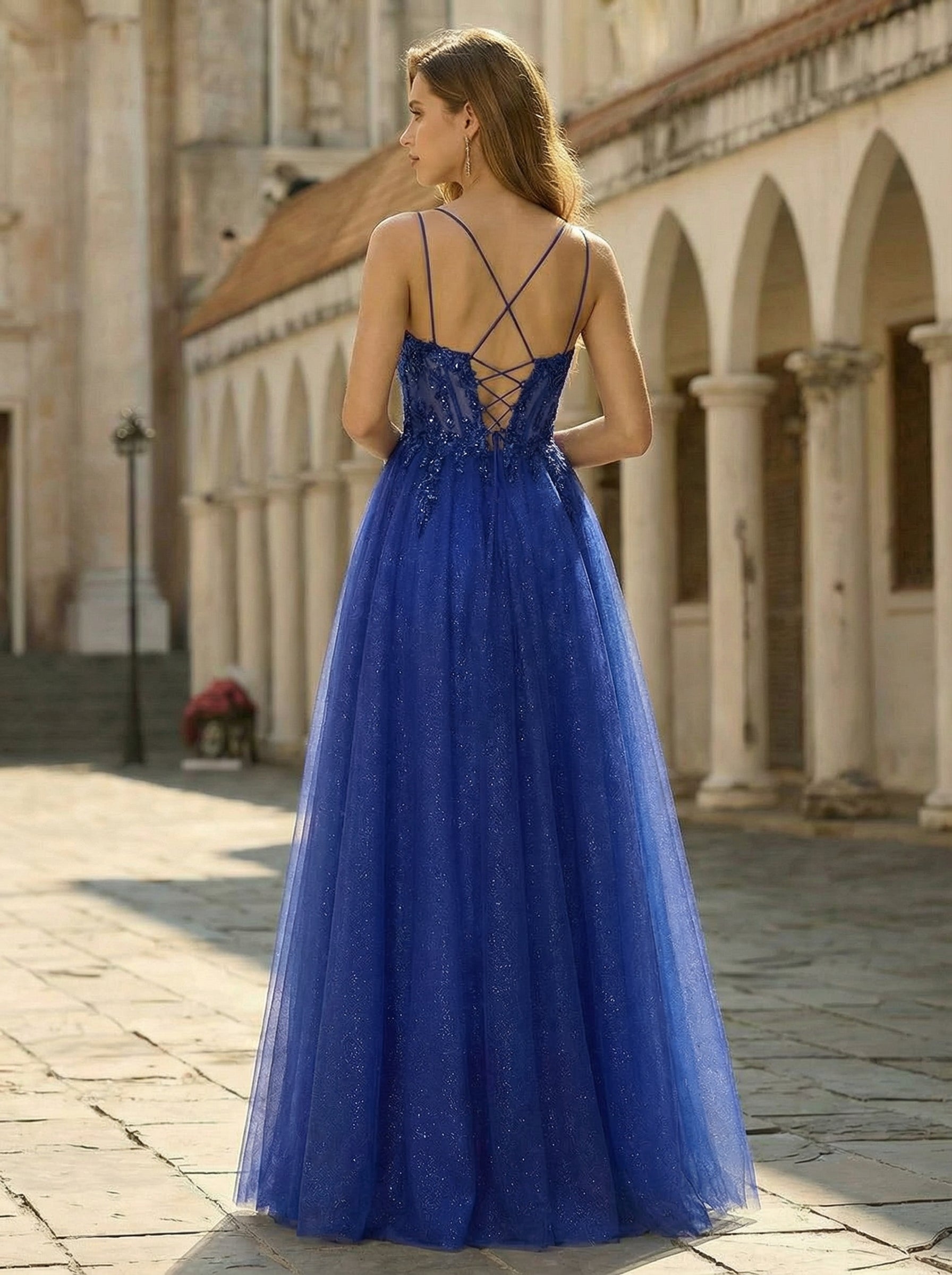 Ball-Gown/Princess V-Neck Floor-Length Tulle Prom Dresses With Beading Sequins Appliques Lace