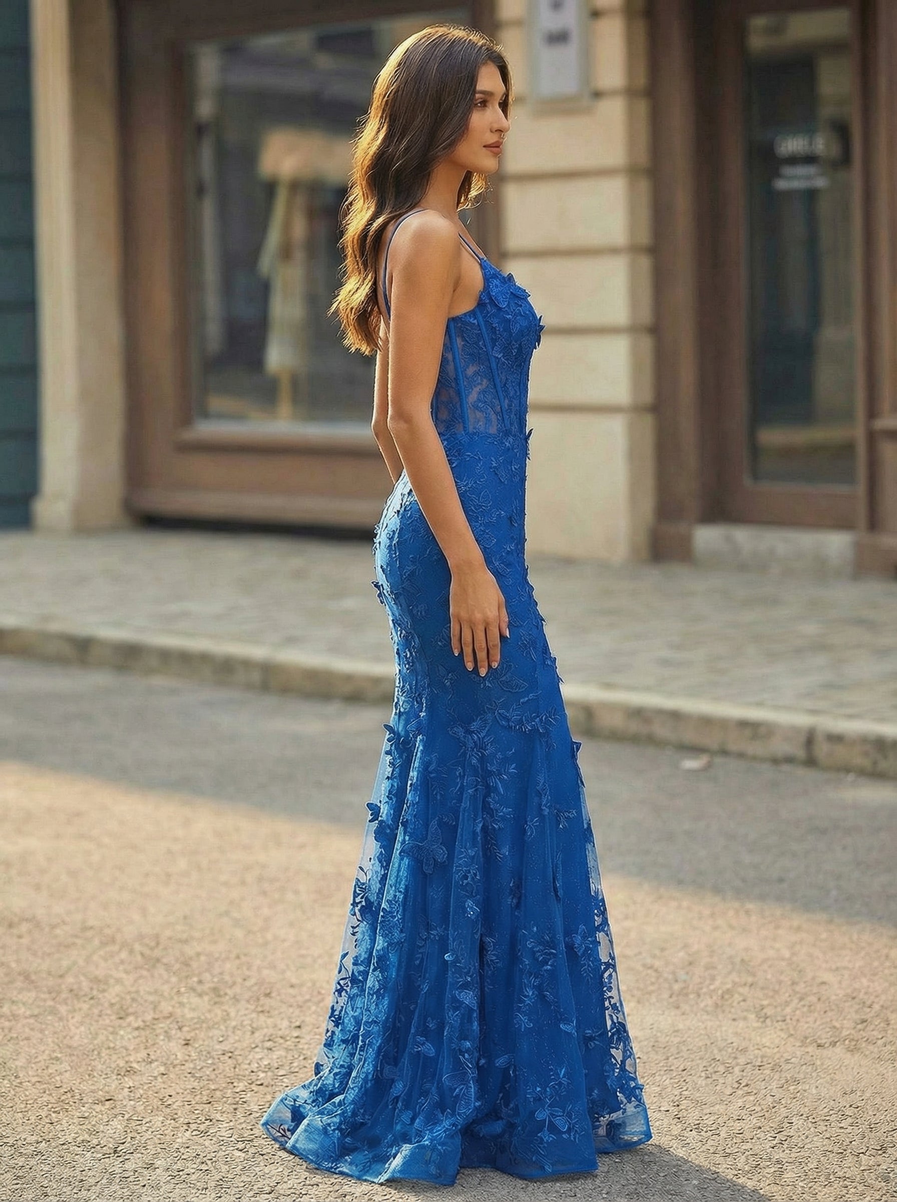 Spaghetti Straps V-Neck 3D Floral Lace Trumpet/Mermaid Maxi Dress