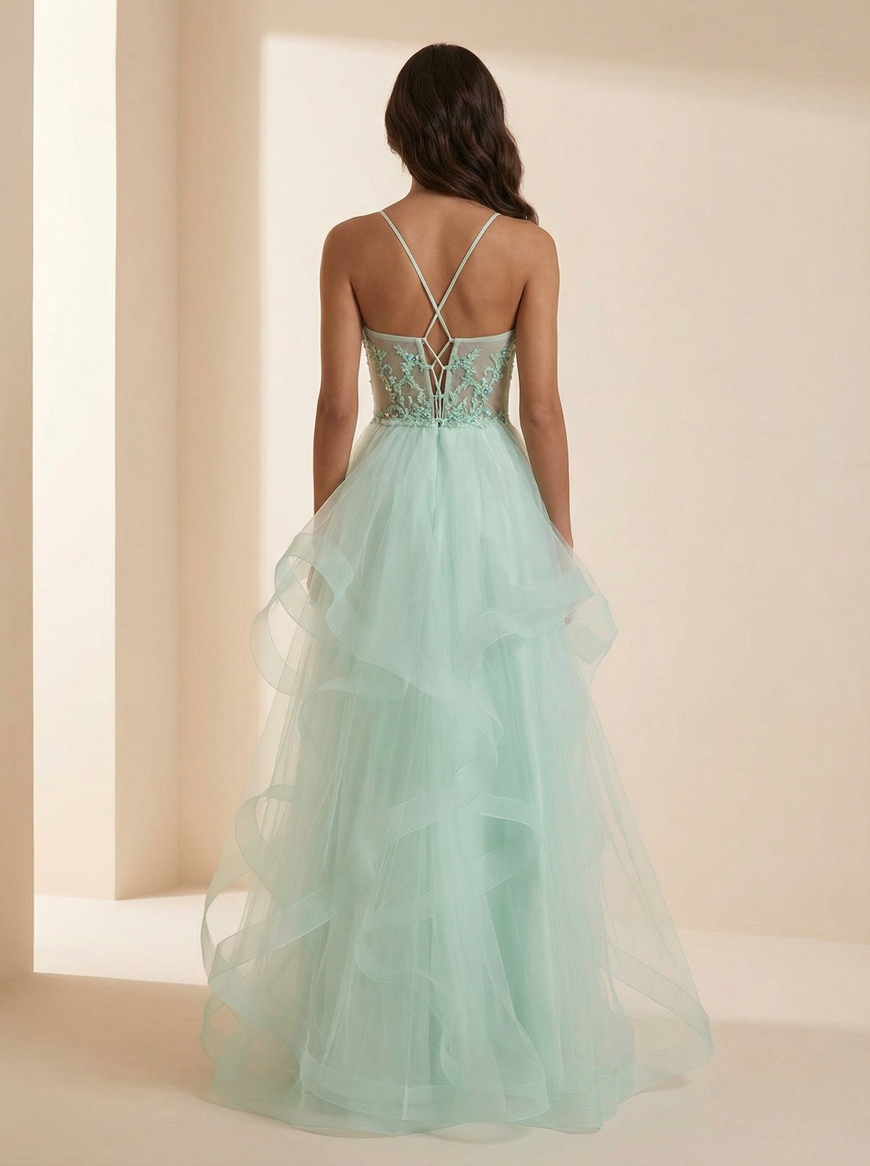 Ball-Gown/Princess Illusion Floor-Length Tulle Prom Dresses With Sequins Beading