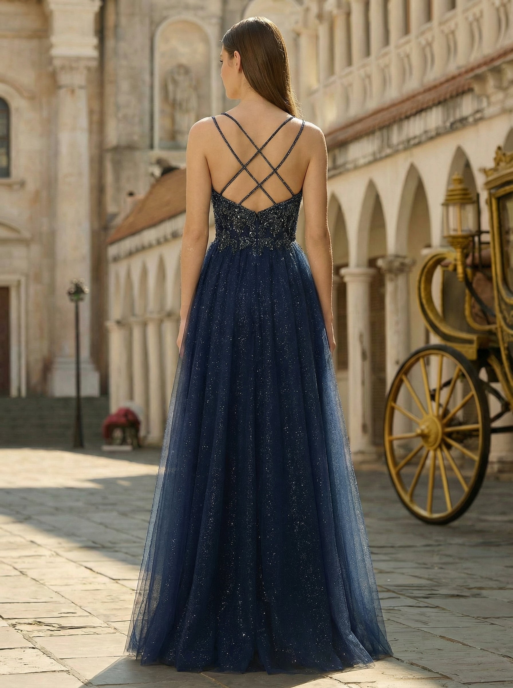 Ball-Gown/Princess V-Neck Sweep Train Tulle Prom Dresses With Rhinestone Beading Sequins