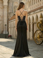 Trumpet/Mermaid Scoop Sweep Train Silky Satin Prom Dresses With Rhinestone