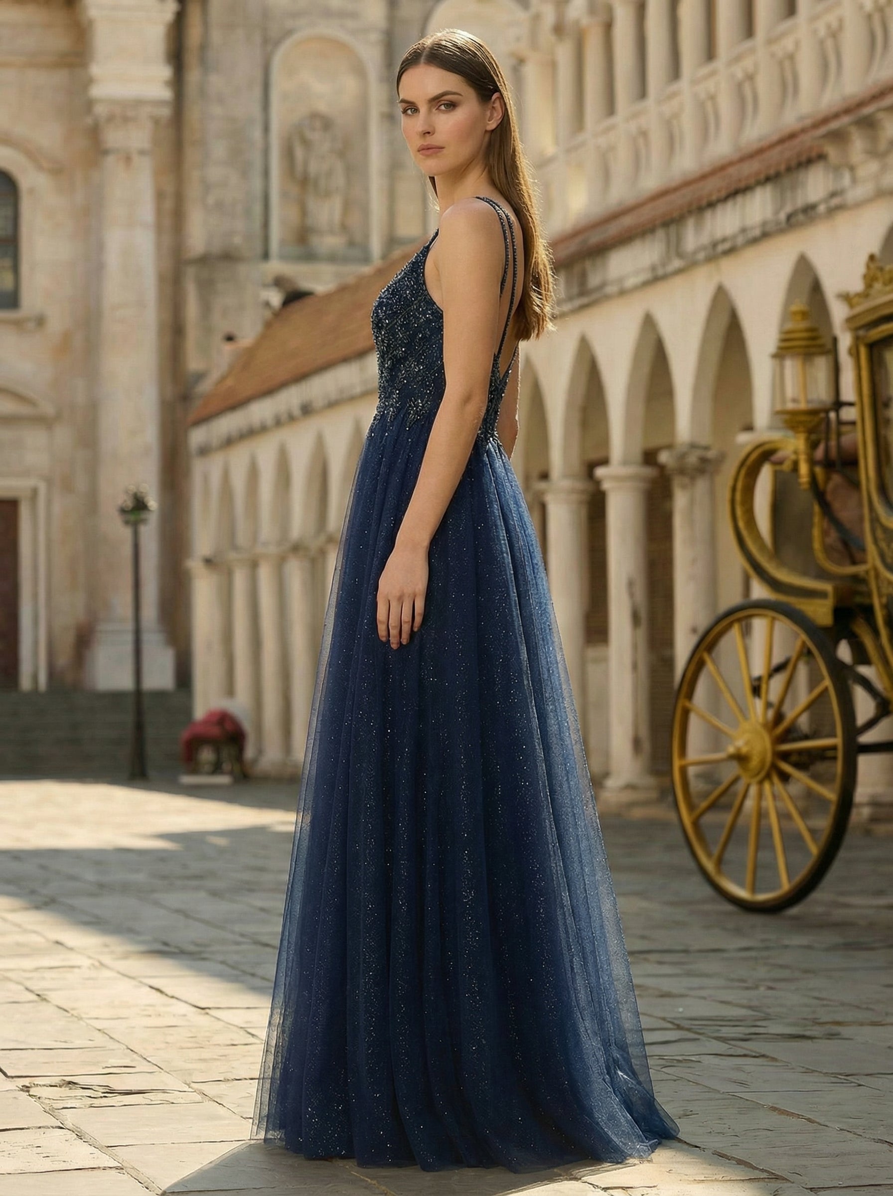 Ball-Gown/Princess V-Neck Sweep Train Tulle Prom Dresses With Rhinestone Beading Sequins