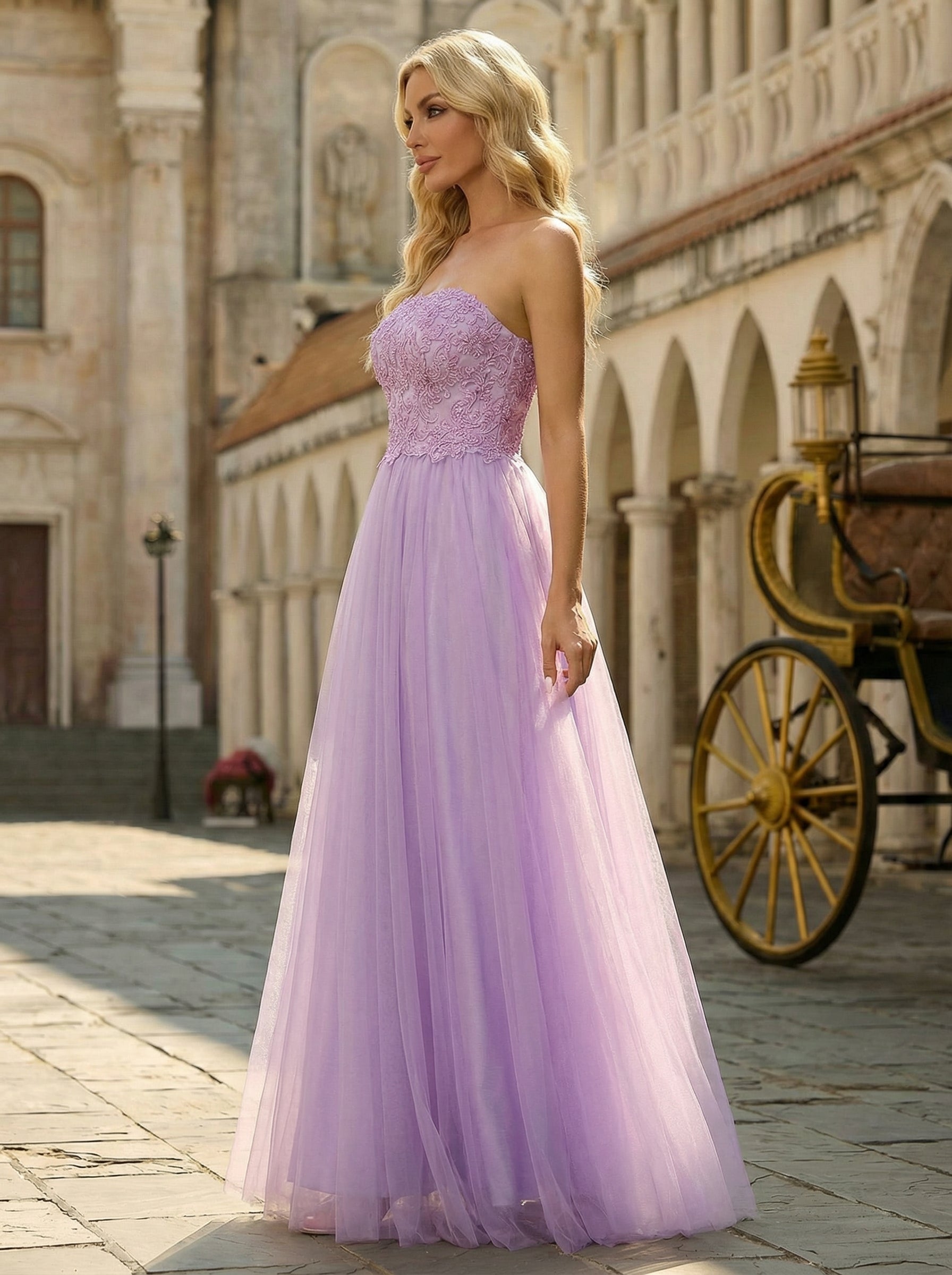Ball-Gown/Princess Sweetheart Floor-Length Tulle Prom Dresses With Beading