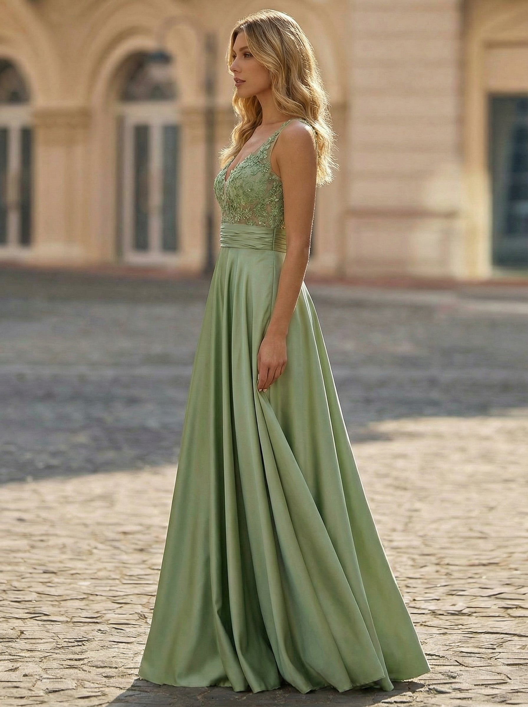 A-line V-Neck Sweep Train Jersey Prom Dresses With Sequins Beading Appliques Lace