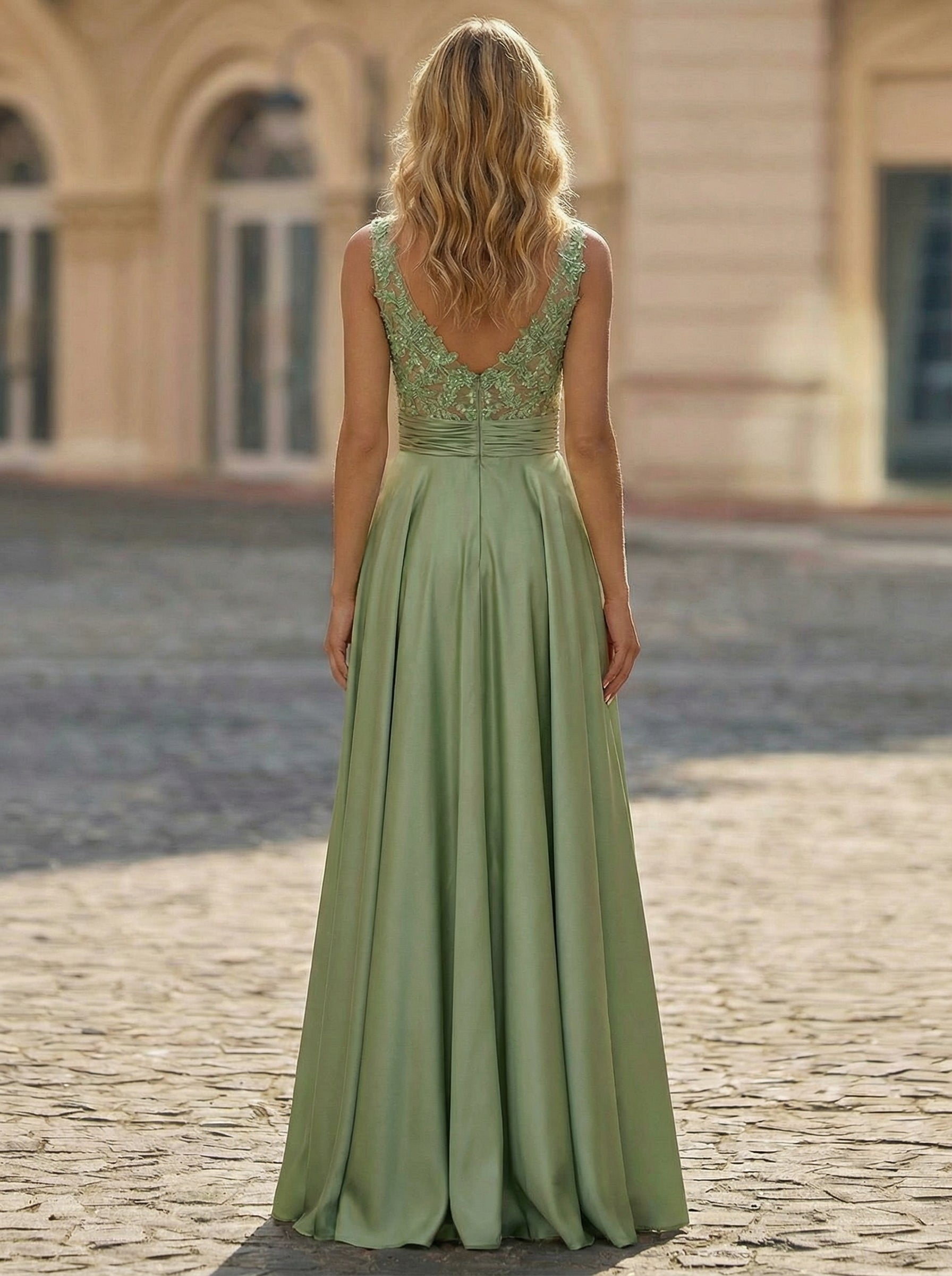 A-line V-Neck Sweep Train Jersey Prom Dresses With Sequins Beading Appliques Lace