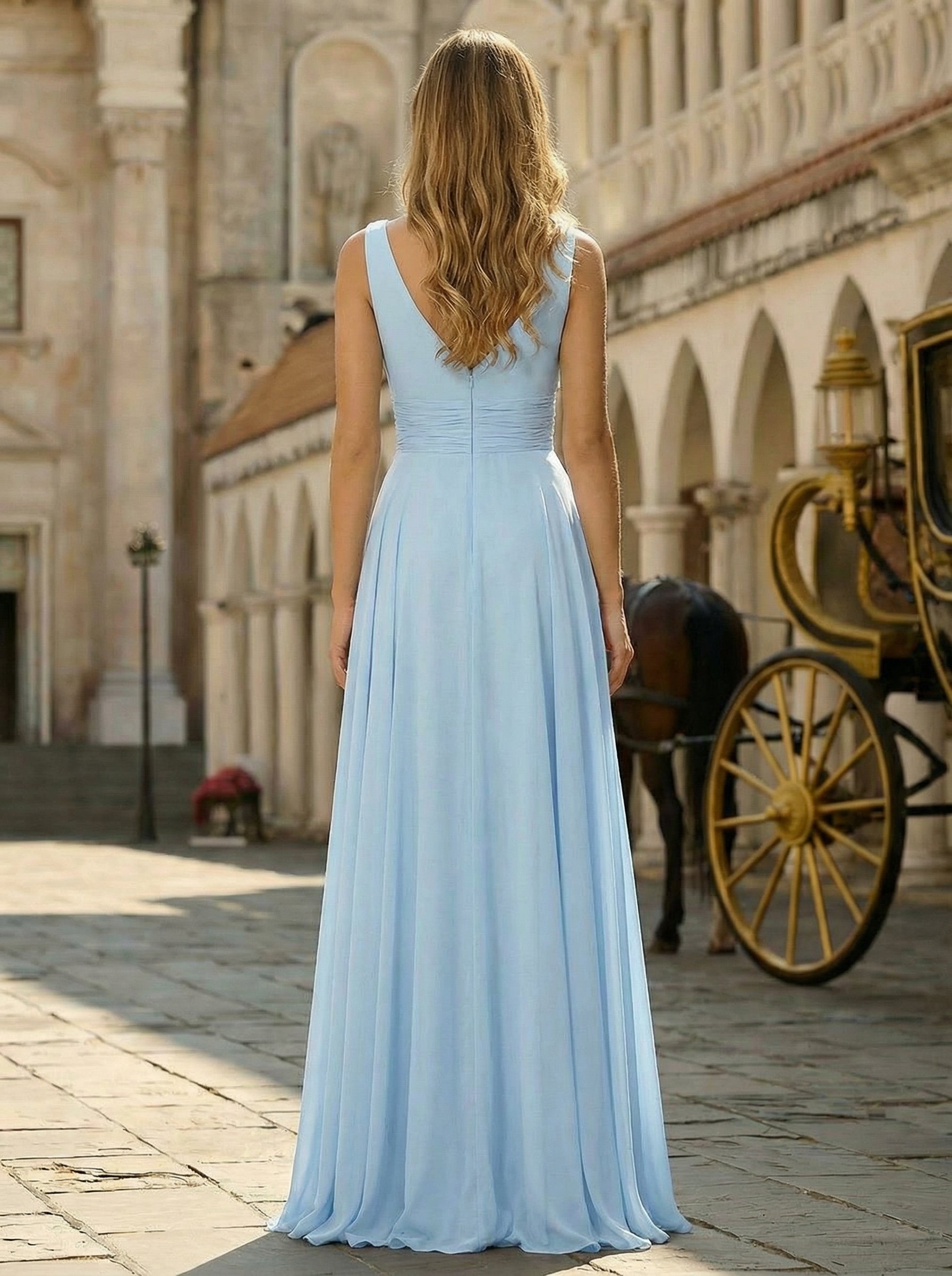 A-line V-Neck Floor-Length Silky Satin Prom Dresses With Pleated