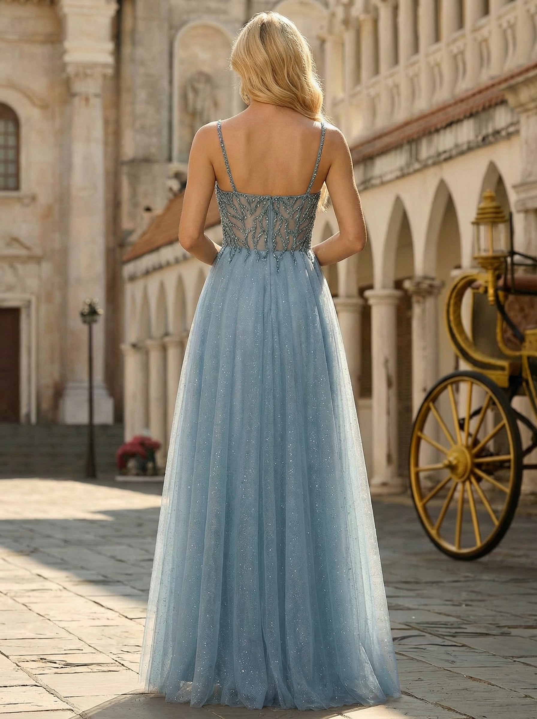A-line Sweetheart Floor-Length Tulle Prom Dresses With Rhinestone Beading Sequins