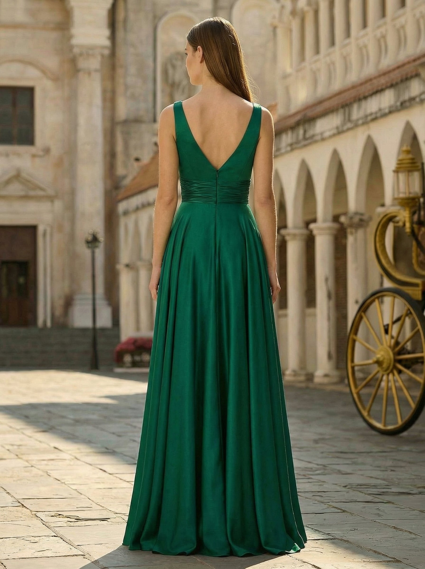 A-line V-Neck Floor-Length Silky Satin Prom Dresses With Pleated