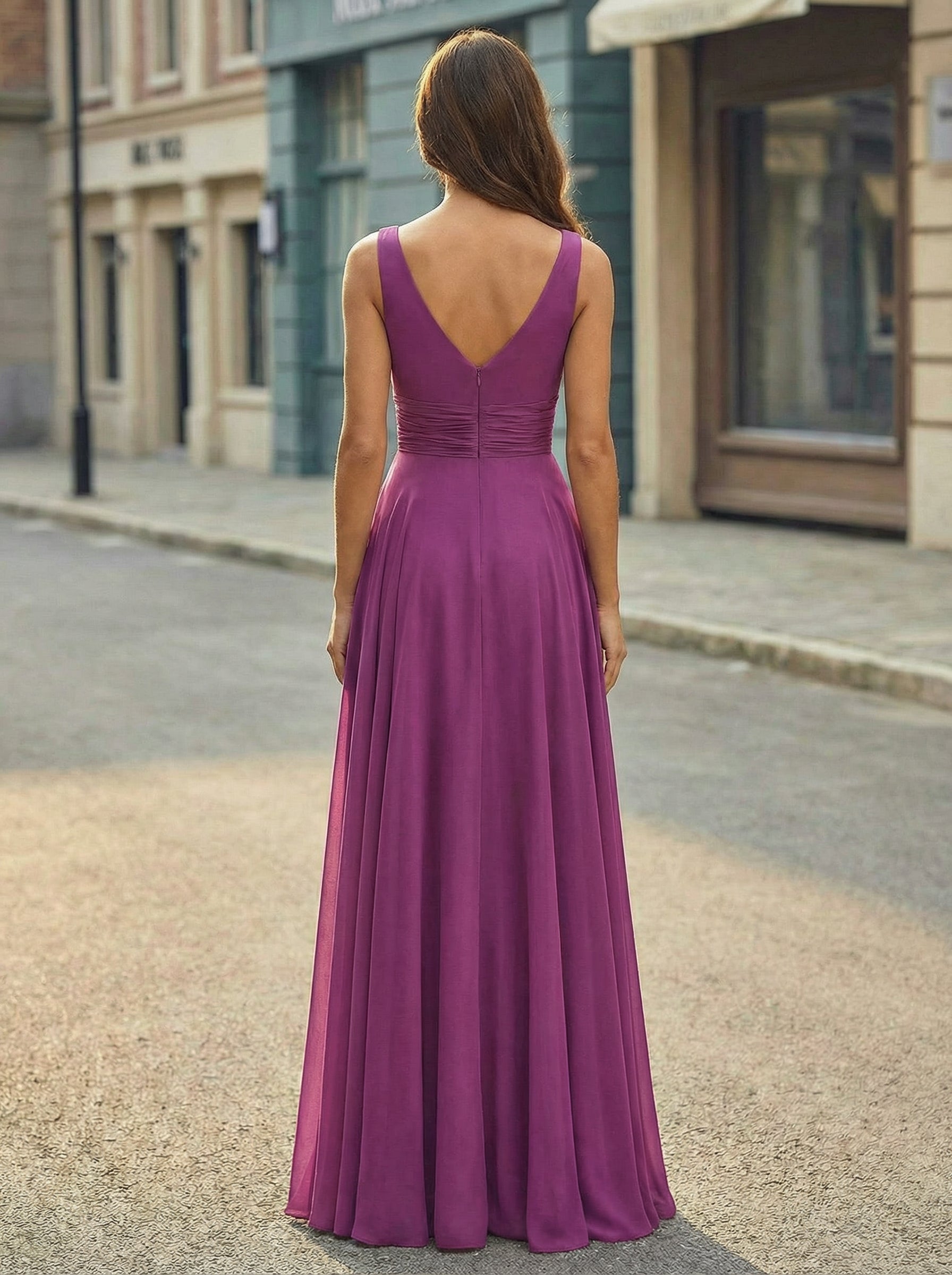 A-line V-Neck Floor-Length Silky Satin Prom Dresses With Pleated