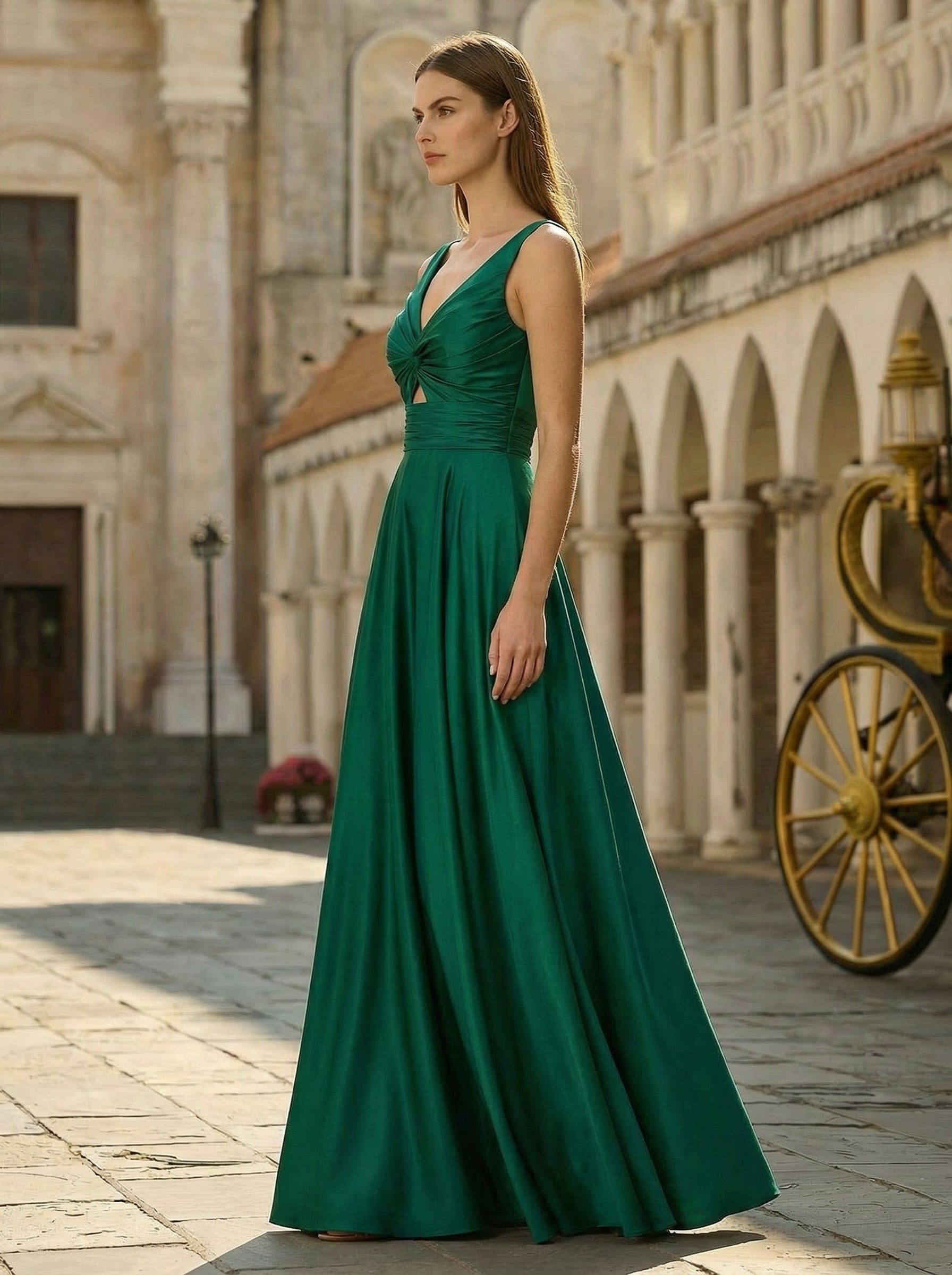 A-line V-Neck Floor-Length Silky Satin Prom Dresses With Pleated