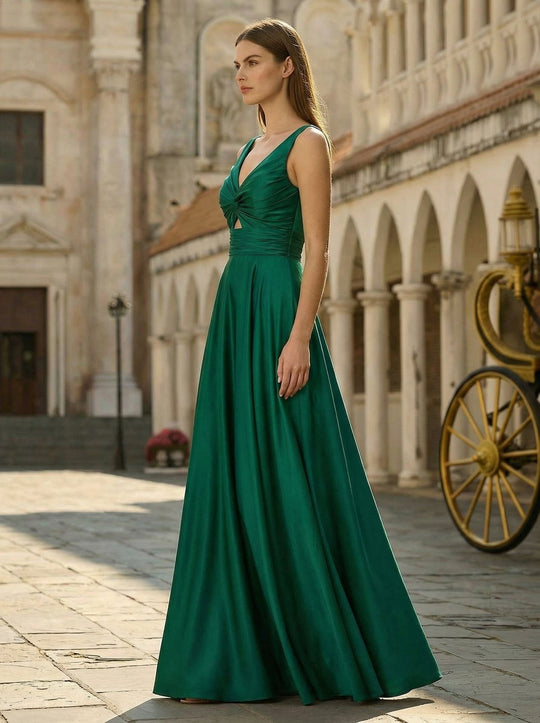 A-line V-Neck Floor-Length Silky Satin Prom Dresses With Pleated